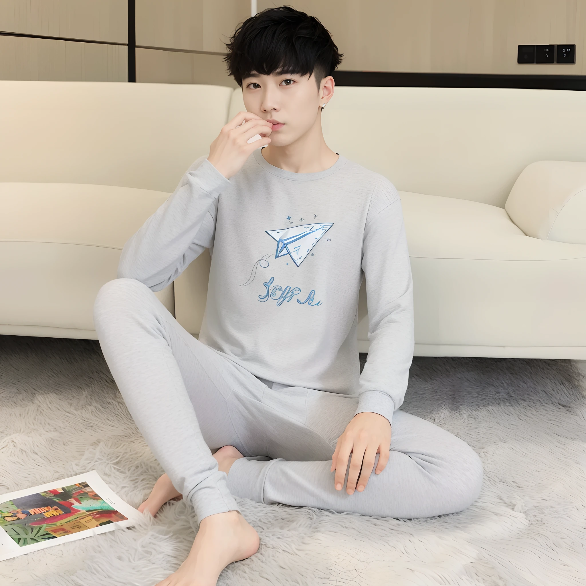 The Arafeld man sitting on the floor in his pajamas eats a piece of food, pyjamas, smooth white tight clothes suit, gray men, flat grey, South Korean male, tight light blue neopren suits, High quality material BSSRDF, Cai Xukun, light gray, wearing white pajamas, thin young male, male art, full - length view, wearing pajamas