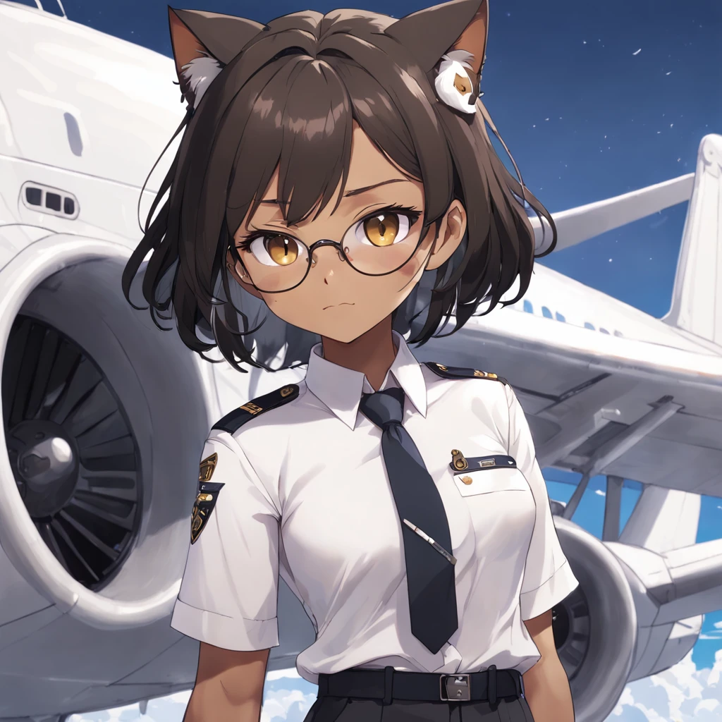 1girl, short black bob hair, yellow eyes, Round glasses, tan skin,dark skin ,BROWN SKIN, SHE HAS LIGHT BROWN SKIN, petite body, wearing plain white formal work shirt, wearing long black pants, business tie, absurdres, high res, ultrasharp, 8k, masterpiece, looking at viewer, cat ears, airline pilot uniform, airline pilot hat, white background, short sleeve, bangs, flat chest, whiskers, androgynous, she has cat ears on her head, she has cat teeth, cloudy background, holding pet black cat, smiling, large round glasses