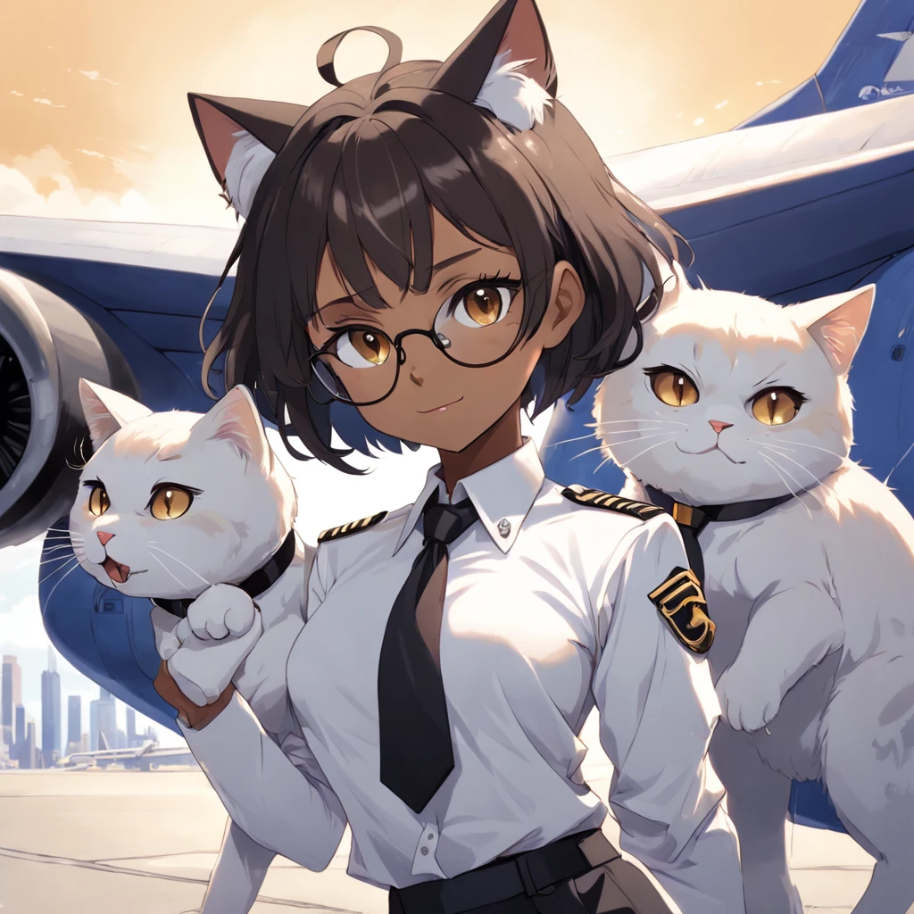 1girl, short black bob hair, yellow eyes, Round glasses, tan skin,dark skin ,BROWN SKIN, SHE HAS LIGHT BROWN SKIN, petite body, wearing plain white formal work shirt, wearing long black pants, business tie, absurdres, high res, ultrasharp, 8k, masterpiece, looking at viewer, cat ears, airline pilot uniform, airline pilot hat, white background, short sleeve, bangs, flat chest, whiskers, androgynous, she has cat ears on her head, she has cat teeth, cloudy background, holding pet black cat, smiling, large round glasses