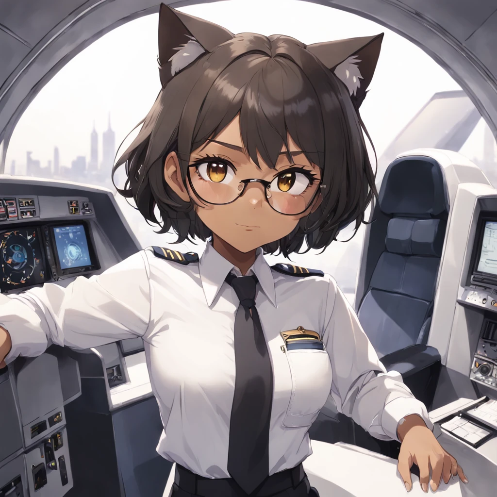 1girl, short black bob hair, yellow eyes, Round glasses, tan skin,dark skin ,BROWN SKIN, SHE HAS LIGHT BROWN SKIN, ite body, wearing plain white formal work shirt, wearing long black pants, business tie, absurdres, high res, ultrasharp, 8k, masterpiece, looking at viewer, cat ears, airline pilot uniform, airline pilot hat, white background, short sleeve, bangs, flat chest, whiskers, androgynous, she has cat ears on her head, she has cat teeth, cloudy background, holding pet black cat, smiling, large round glasses
