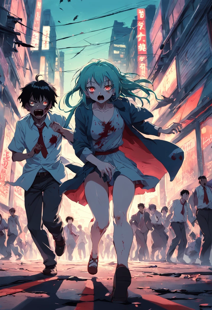 A zombie chasing people