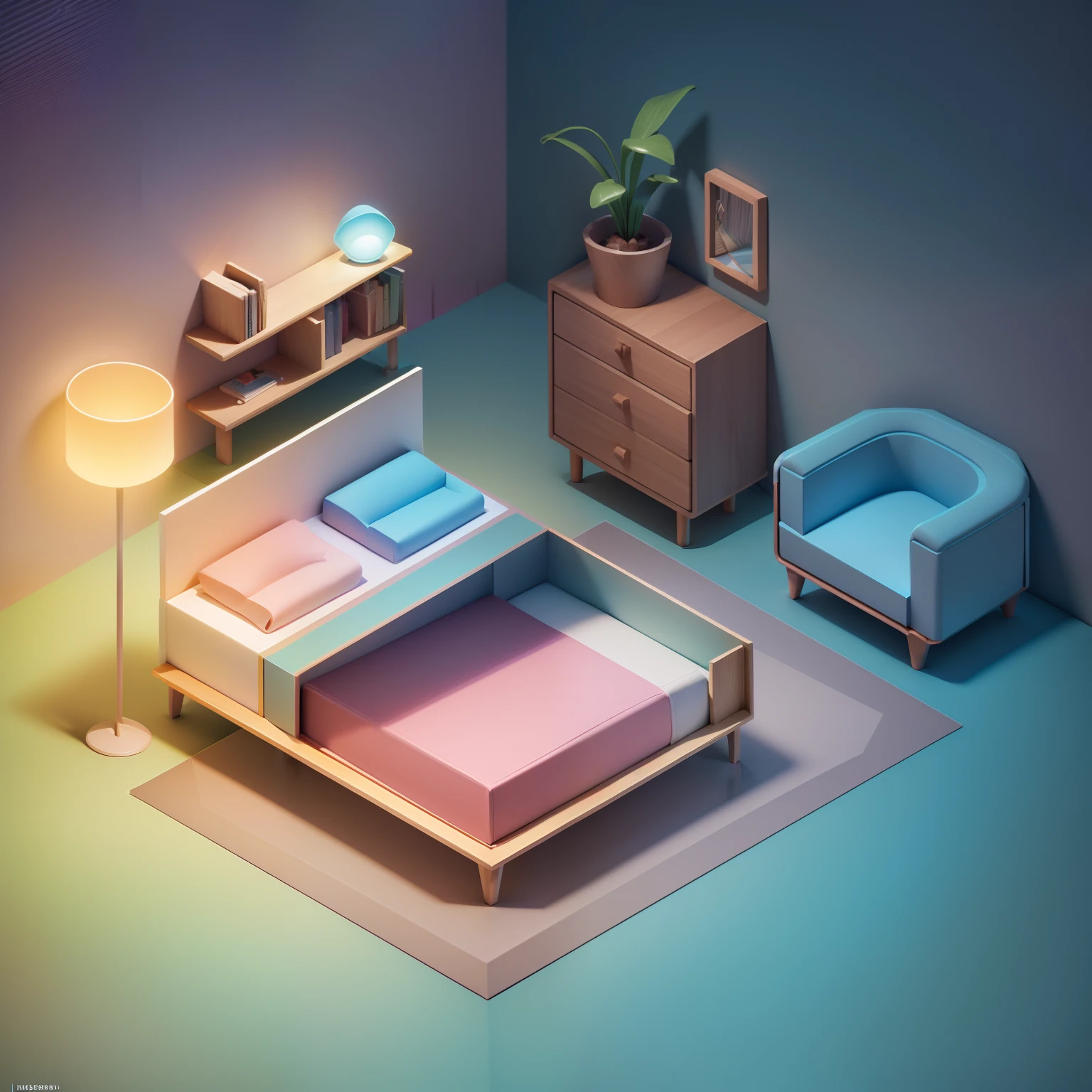 "(Isometric perspective:1.5),(pixar-style:1.2),There is a bed in the bedroom,sofe,table light,Study desk,janelas,Wall paintings,3 d modelling,pink back ground,Global illumination,Ray traching,hdr,rendering,unreal render,best qualtiy,8K,"