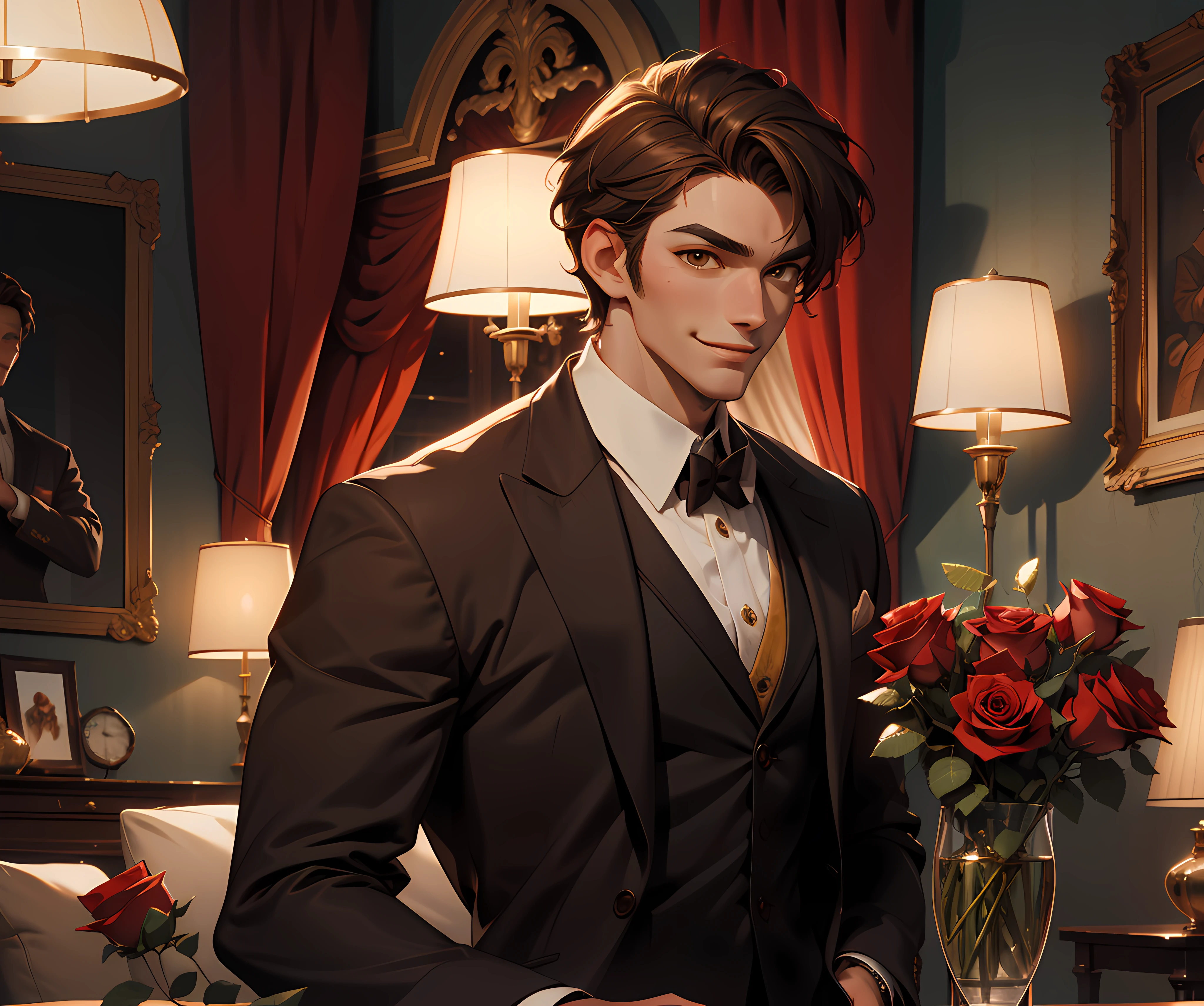 (absurdres, highres, ultra detailed), 1 male, adult, handsome, tall, brown hair, finely detailed brown eyes and detailed face, red silk shirt, black suit pants, smile, classy livingroom, roses, soft lighting, 8k resolution, masculine FH_face