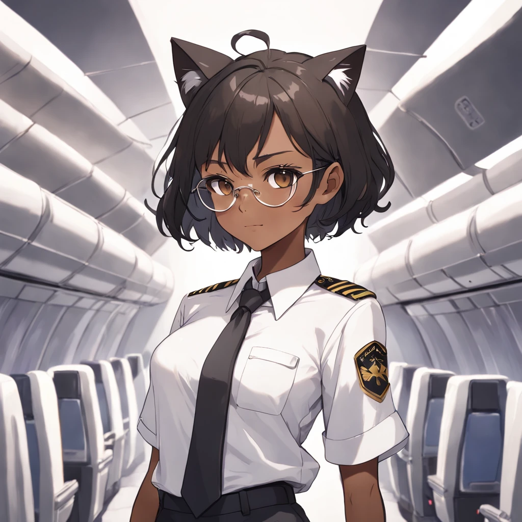 1girl, short black bob hair, yellow eyes, Round glasses, tan skin,dark skin ,BROWN SKIN, SHE HAS LIGHT BROWN SKIN, ite body, wearing plain white formal work shirt, wearing long black pants, business tie, absurdres, high res, ultrasharp, 8k, masterpiece, looking at viewer, cat ears, airline pilot uniform, airline pilot hat, white background, short sleeve, bangs, flat chest, whiskers, androgynous, she has cat ears on her head, she has cat teeth, cloudy background, holding pet black cat, smiling, large round glasses