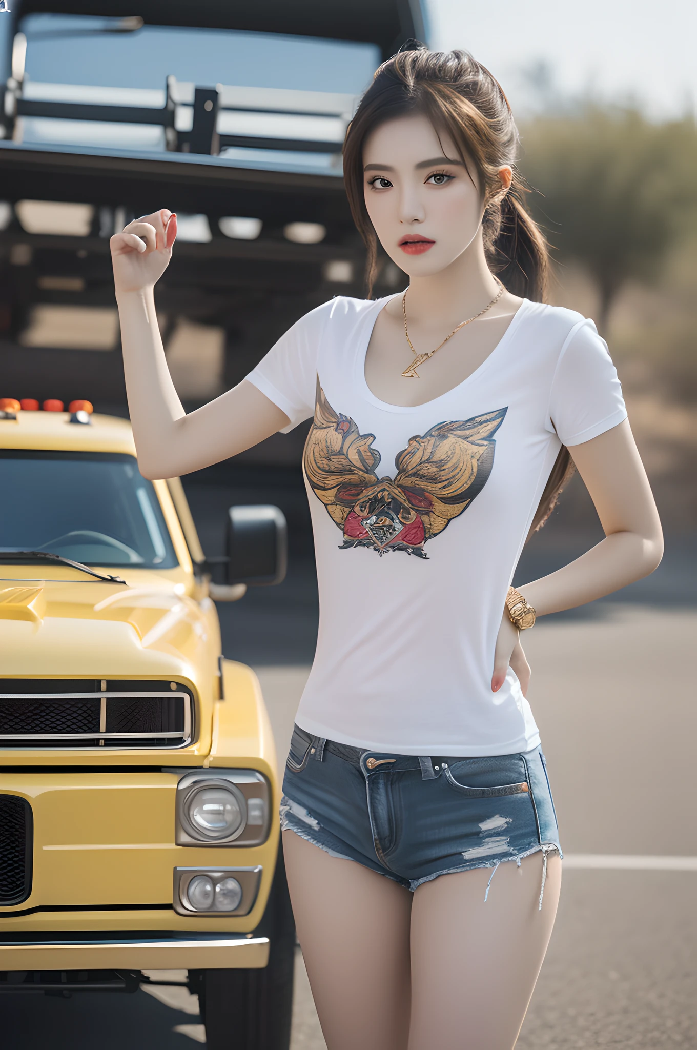 (8k, RAW photo, best quality, masterpiece:1.2), (Photorealism), (extremely detailed CG unity 8k wallpaper), ((1girl)), (nsfw), (standing next to racing pickup truck car:1.4), pony-tail hair, cleavage, (perfect_pussy:1.4), (small breasts:1.2), spread legs, beautiful face, cowboy shot, (wearing sexy t-shirt and many gold jewelry with tattoo color)