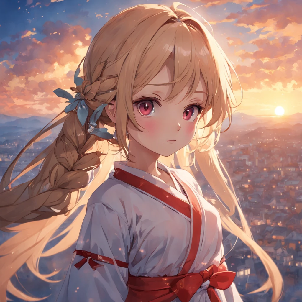 tmasterpiece,best qualtiy,cinematic Film still from,1girl,Cloud Girl,Floating in the sky,closeup cleavage,brightly,cheerfulness,Warm and soft lighting,the sunset,(spark of light:0.7)cute female child,Don't be overexposed,Greek clothes, peplos, 1girll,blond hairbl, ahoge,Cute face,sword,quadratic element,16 yaers old, Asymmetrical hair, Floating hair, hair between eye,Lateral hair, Next to the phoenix,florals,Pure, hair intakes, looking at viewert,独奏, rosette, jewely, By bangs, hand on hips, Ribbons, upper legs, 鎖骨, white backgrounid, ssmile, Separate the sleeves, pigtails, tress ribbon,french braid,simple backgound, Red ribbons, 耳Nipple Ring, longer sleeves, Red rose, The mouth, faint blush, long whitr hair, choker necklace,guard,Beautiful,fanciful,dream magical,magia,Brilliant imagination,A high resolution,Ultra-delicate,best qualityer,Super refined,tmasterpiece, Best quality at best,Pure,Divine brilliance,Arafed view of a village,a lot of lights on the buildings,dreamy Chinese towns