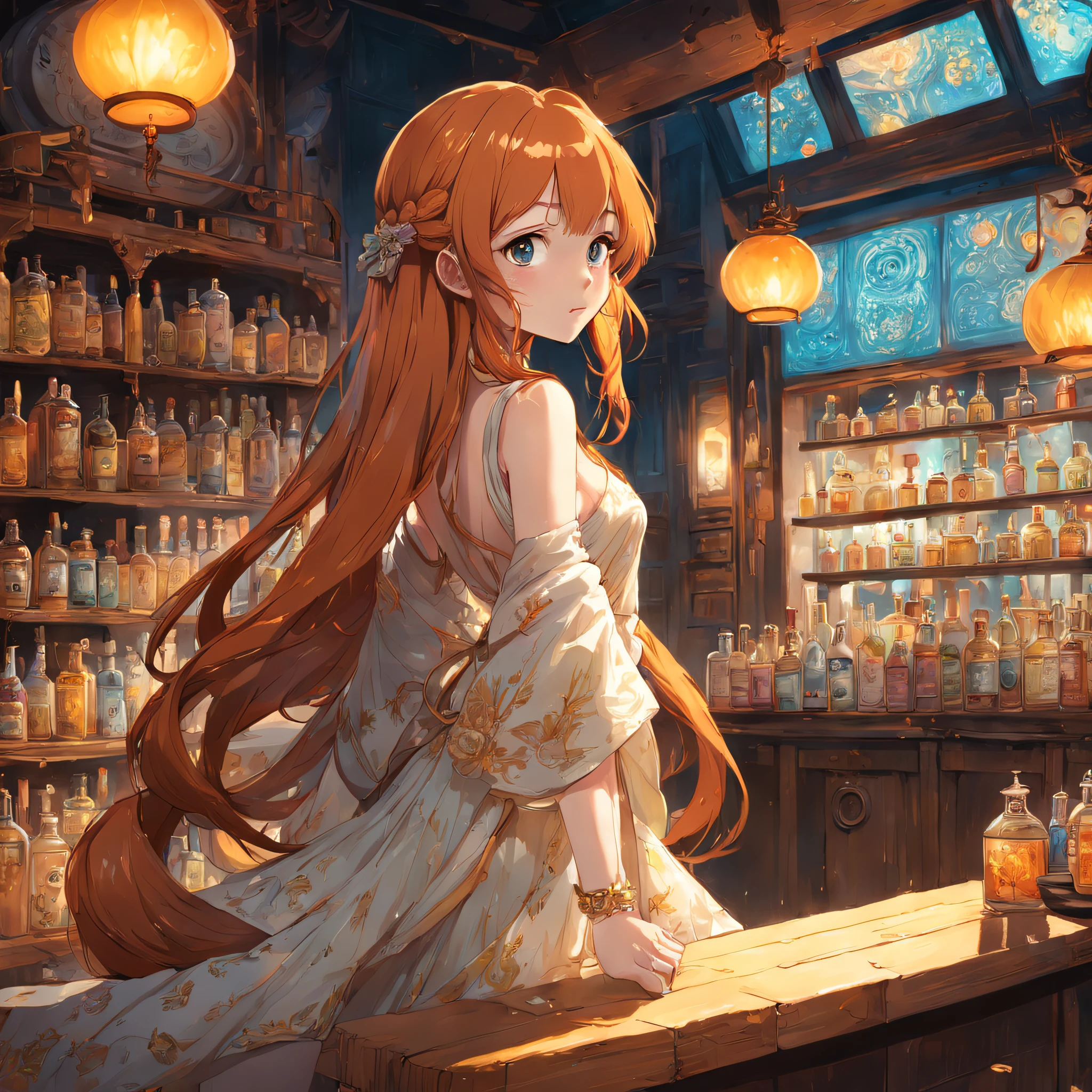 beautiful ginger women in detailed dress at cozy detailed potions shop, air above hair, IPA award wining, masterpiece, made with professional high quality camera, intense contrast, (detailed painting matrix:1.5), perfect colors, perfect setup,