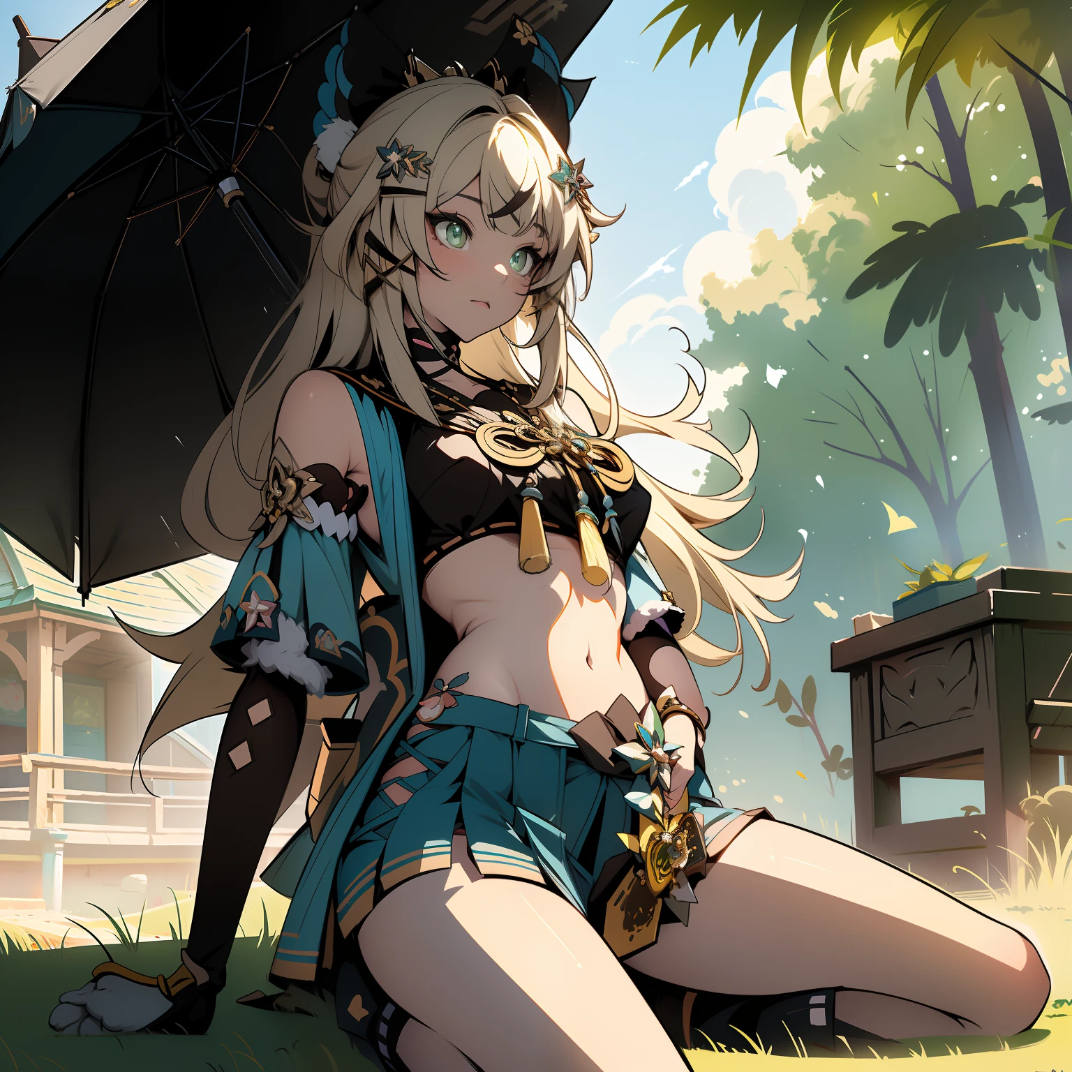 (masterpiece, best quality), 1girl, ( 1girl ) beautiful girl, kirara (genshin impact), sitting on the ground, view from below,(masterpiece, best quality), (detailed face and eyes) (detailed beautiful eyes) cowboy-shot, visible bellybutton, legs, blushing