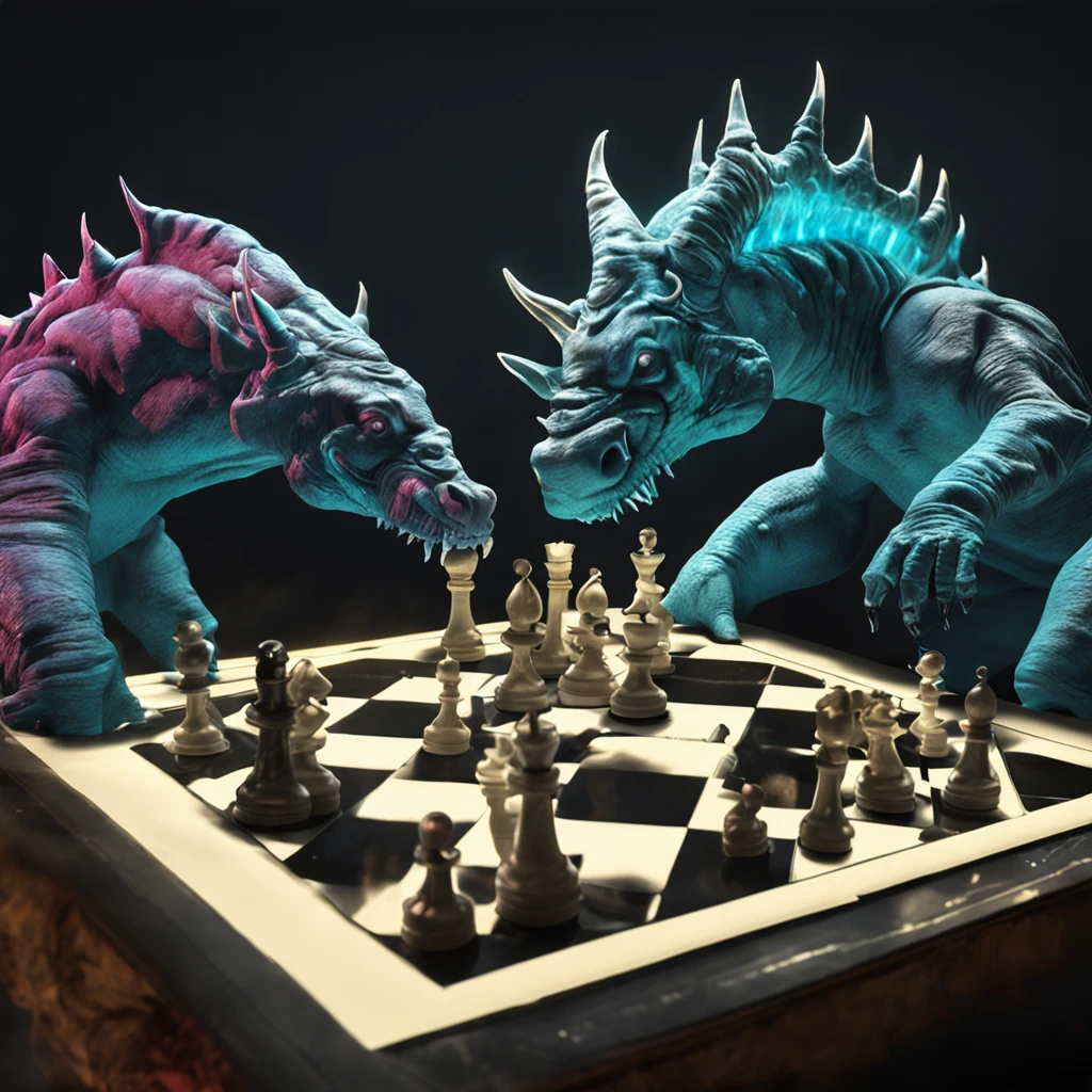 "Create a captivating fantasy artwork showcasing two monstrous creatures engaged in a game of chess. Emphasize on the element of bioluminescence to add a touch of realism."