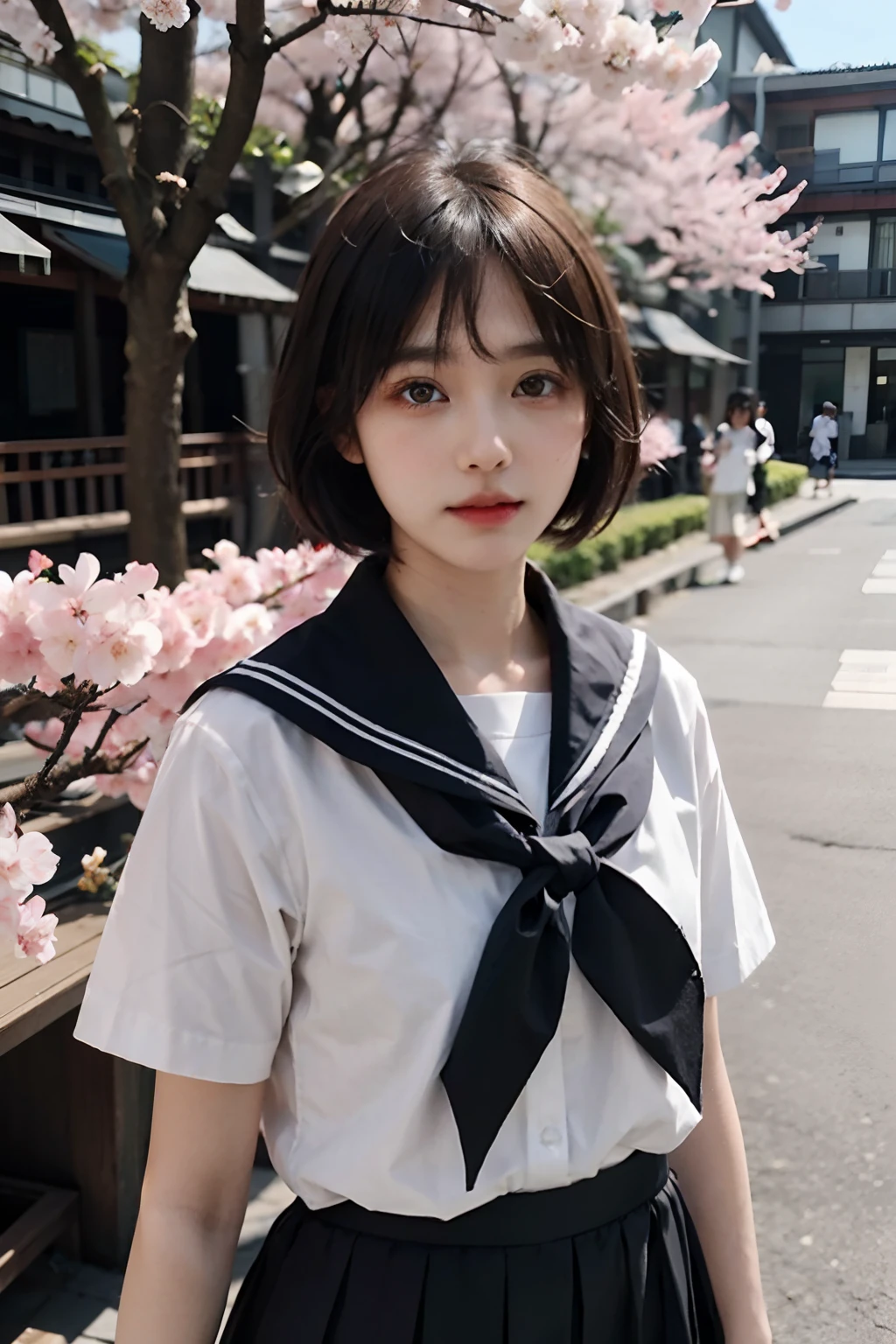 Sakura Tanaka 、age19、Japan High School Girl。short-hair、Pattsun bangs、Brown hair、Lightly pigmented face。Wearing a Japan uniform、skirt by the(a sailor suit)。pure、Cute neat and clean。Wagas、cherry blossom in full bloom。