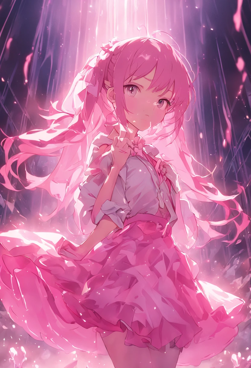 in pink,Lolita style clothing,teens girl,Stretch your hands,Glow effects,Dingdall effect,depth of fields,high light,Real light,Ray traching,oc rendered,Hyper-realistic,best qualtiy,8K,Works of masters,super-fine,Detailed pubic hair,Correct anatomy,sharp focus on eyes,Bokeh,Facial features are carefully depicted