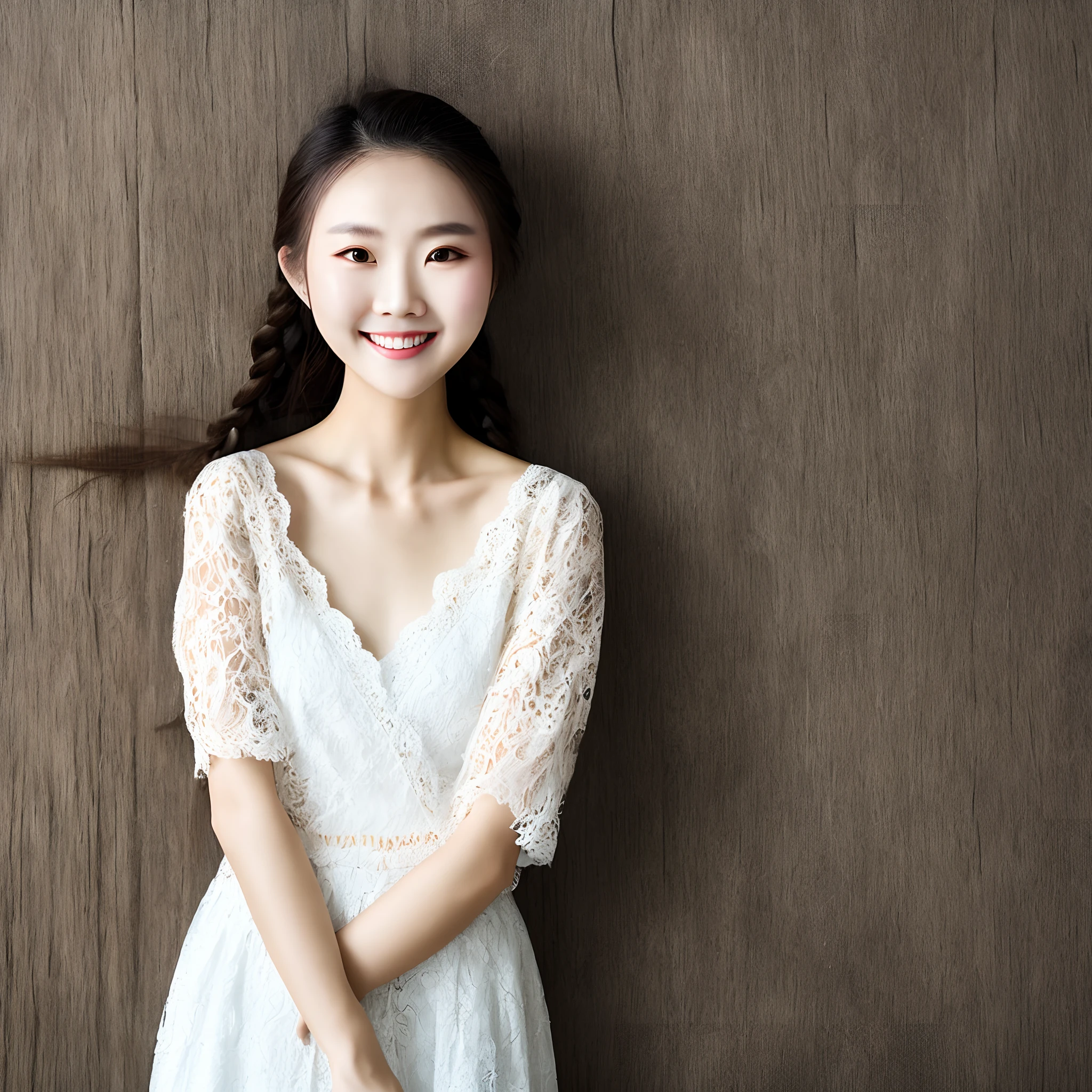 a asian beauty,Big eyes, double eyelids, pointed forehead, smile, smile,whole body picture,The chest is plump and raised,There are two large braids on the chest,Fair and glowing skin,The face is particularly delicate and delicate