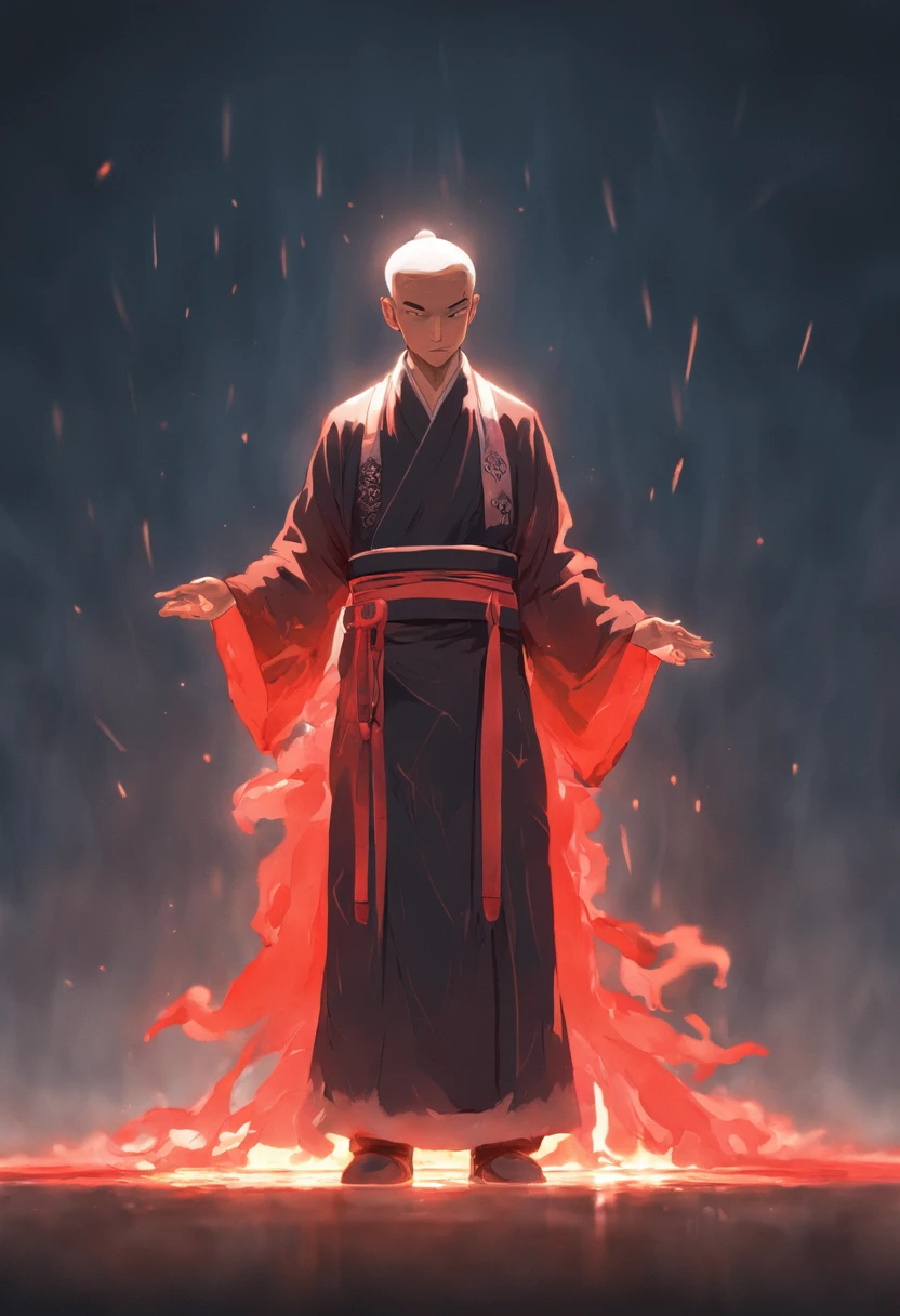 A small Taoist priest stood in front of a transparent red light statue,Stretch your hands,Glow effects,Dingdall effect,depth of fields,high light,Real light,Ray traching,oc rendered,Hyper-realistic,best qualtiy,8K,Works of masters,super-fine,Detailed pubic hair,Correct anatomy,sharp focus on eyes,Bokeh,Facial features are carefully depicted