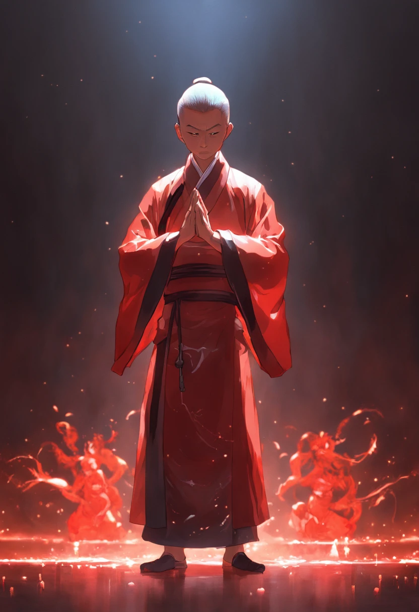A small Taoist priest stood in front of a transparent red light statue，Stretch your hands，Glow effects，Dingdall effect，depth of fields，high light，Real light，Ray traching，oc rendered，Hyper-realistic，best qualtiy，8K，Works of masters，super-fine，Detailed pubic hair，Correct anatomy，sharp focus on eyes，Bokeh，Facial features are carefully depicted