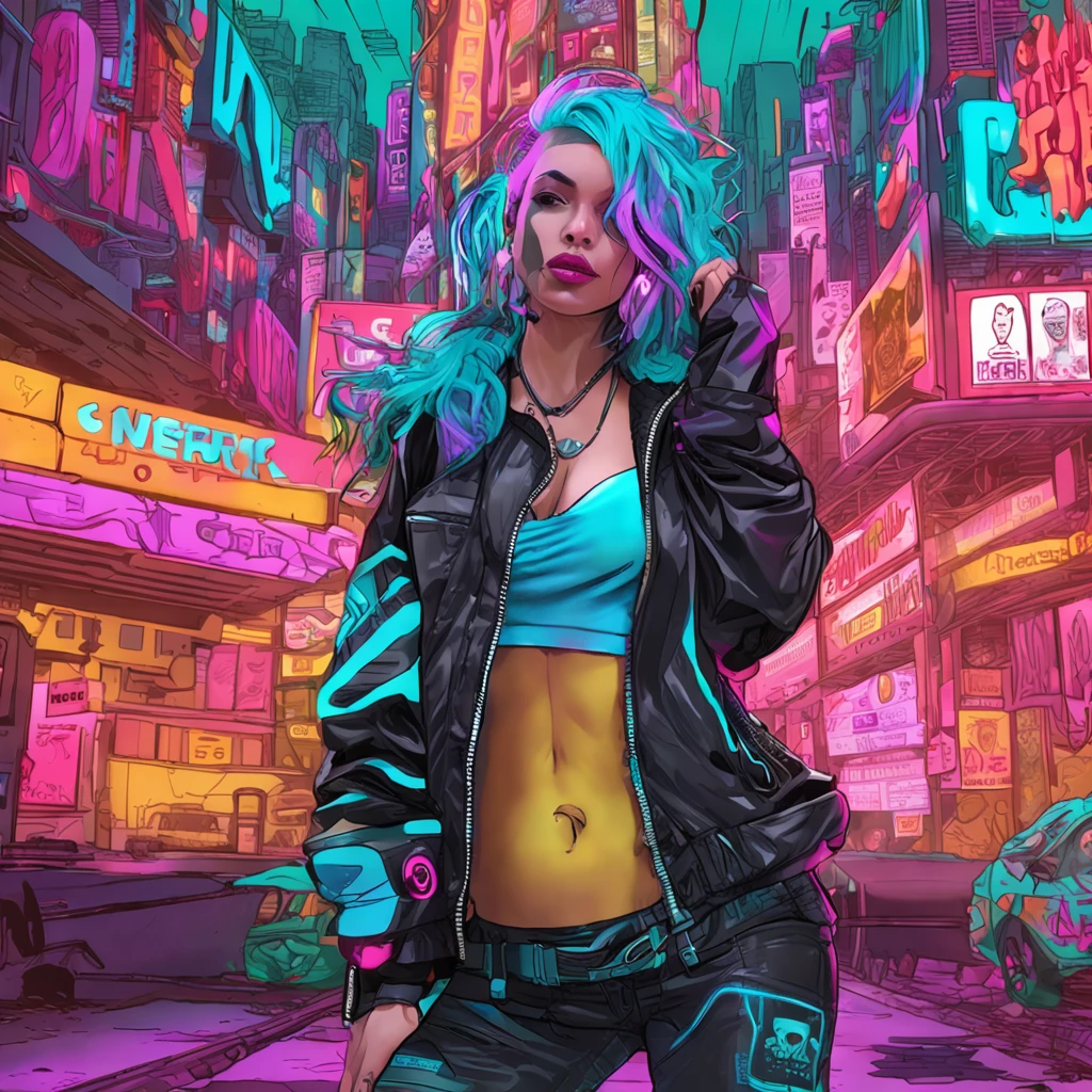 ((Best Quality)), ((Masterpiece)), ((Realistic)) and ultra-detailed photography of a 1nerdy girl with goth and neon colors. She has ((turquoise hair)), wears a techwear jacket and exudes a vibe ((beautiful and aesthetic)), sexy, underboobs, hot