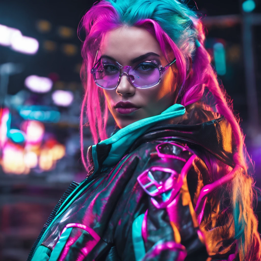 ((Best Quality)), ((Masterpiece)), ((Realistic)) and ultra-detailed photography of a 1nerdy girl with goth and neon colors. She has ((turquoise hair)), wears a techwear jacket and exudes a vibe ((beautiful and aesthetic)), sexy, underboobs, hot