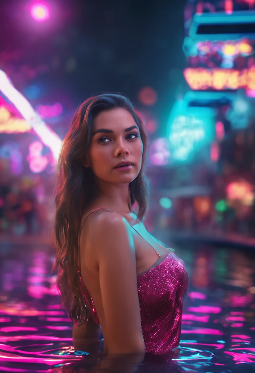 "Night Pool, Background with sparkling reflections and charming atmosphere. A beautiful woman poses, Eye contact，Presents a live-action CG effect，Add film style and HD 4K photography effects at the same time，Highlight the picture with studio effects