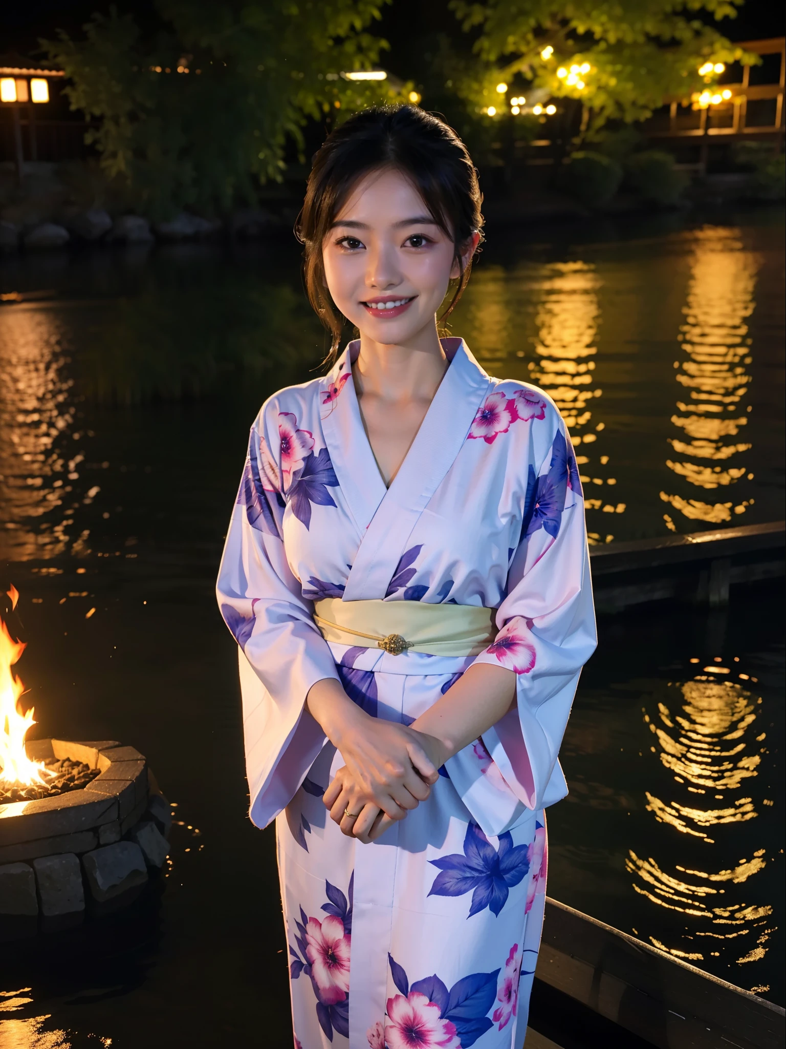top-quality, tmasterpiece, hyper HD, realisticlying, 1girll, ssmile, Japanese Yukata,reed bush,River side,fire works