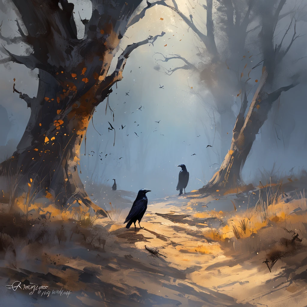 Two crows on a dead tree, A shadow shaped like a walker, Starry night, Thick fog on the ground, Blue light on the horizon, Unreal Engine 5, Cinematic, low angle photography, Motion blur, Depth of field, Dust, Cobblestones and dirt. Splash Art, dripping paint. Perfect color grading. Influenced by Karel Appel and Jeremy Mann, Full of dramatic and threatening scenes, Hyper-detailed, Beautiful, insanely details, Intricate details, editorial photography, shot with a 50mm lens, Depth of field, Tilt Blur, Shutter speed 1/1000, f/22. Lightmaps, Super bright