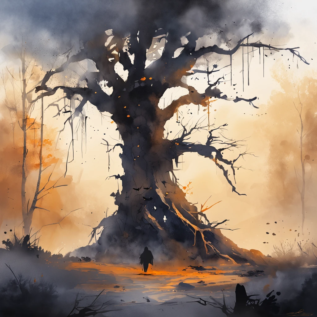 Two crows on a dead tree, A shadow shaped like a walker, Starry night, Thick fog on the ground, Blue light on the horizon, Unreal Engine 5, Cinematic, low angle photography, Motion blur, Depth of field, Dust, Cobblestones and dirt. Splash Art, dripping paint. Perfect color grading. Influenced by Karel Appel and Jeremy Mann, Full of dramatic and threatening scenes, Hyper-detailed, Beautiful, insanely details, Intricate details, editorial photography, shot with a 50mm lens, Depth of field, Tilt Blur, Shutter speed 1/1000, f/22. Lightmaps, Super bright