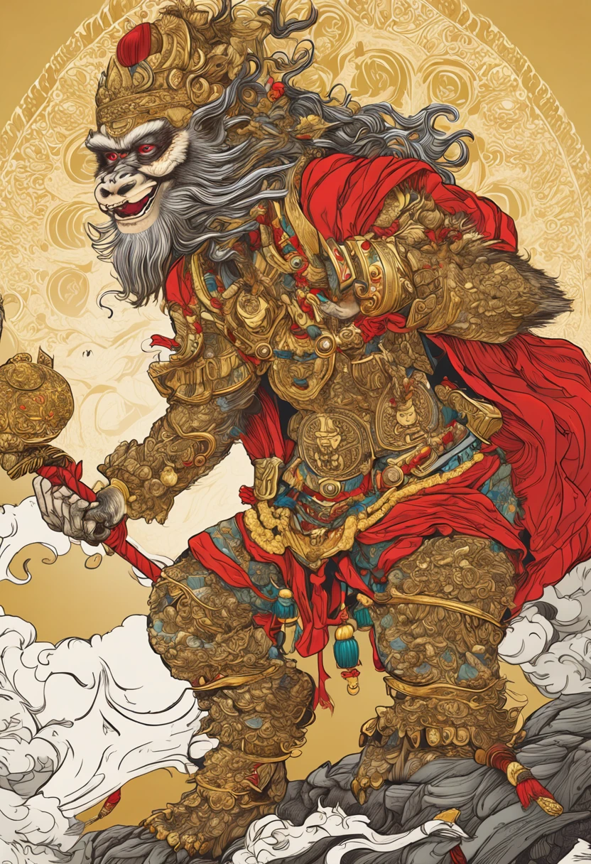 (Masterpiece, A sacred portrayal of the Monkey King:1.4), Wukong，(Charming illustration of monkey god in his iconic appearance:1.2), (Meticulous details capture his palatial presence:1.2), (Created to commemorate mythical figures in Chinese folklore:1.2), (Sun Wukong wears a golden crown, Symbolizes his pious status:1.3), (His hairy muscles exude strength and majesty:1.3), (Dressed in bright red and gold robes, Pay tribute to his legendary journey:1.1), (Holding a long golden stick, Firmly rooted in the ground, The embodiment of his power:1.3).CGI, vfx, SFX, insanely detailed and intricate, hyper-maximalist, Ultra photo realsisim, volumetr, Photorealistic, The ultra-realistice, Ultra-detailed, Intricate details, Super detailed, Full color, Volumetric lightning, hdr, Realistic, illusory engine, 16k, Sharp focus, rendering by octane