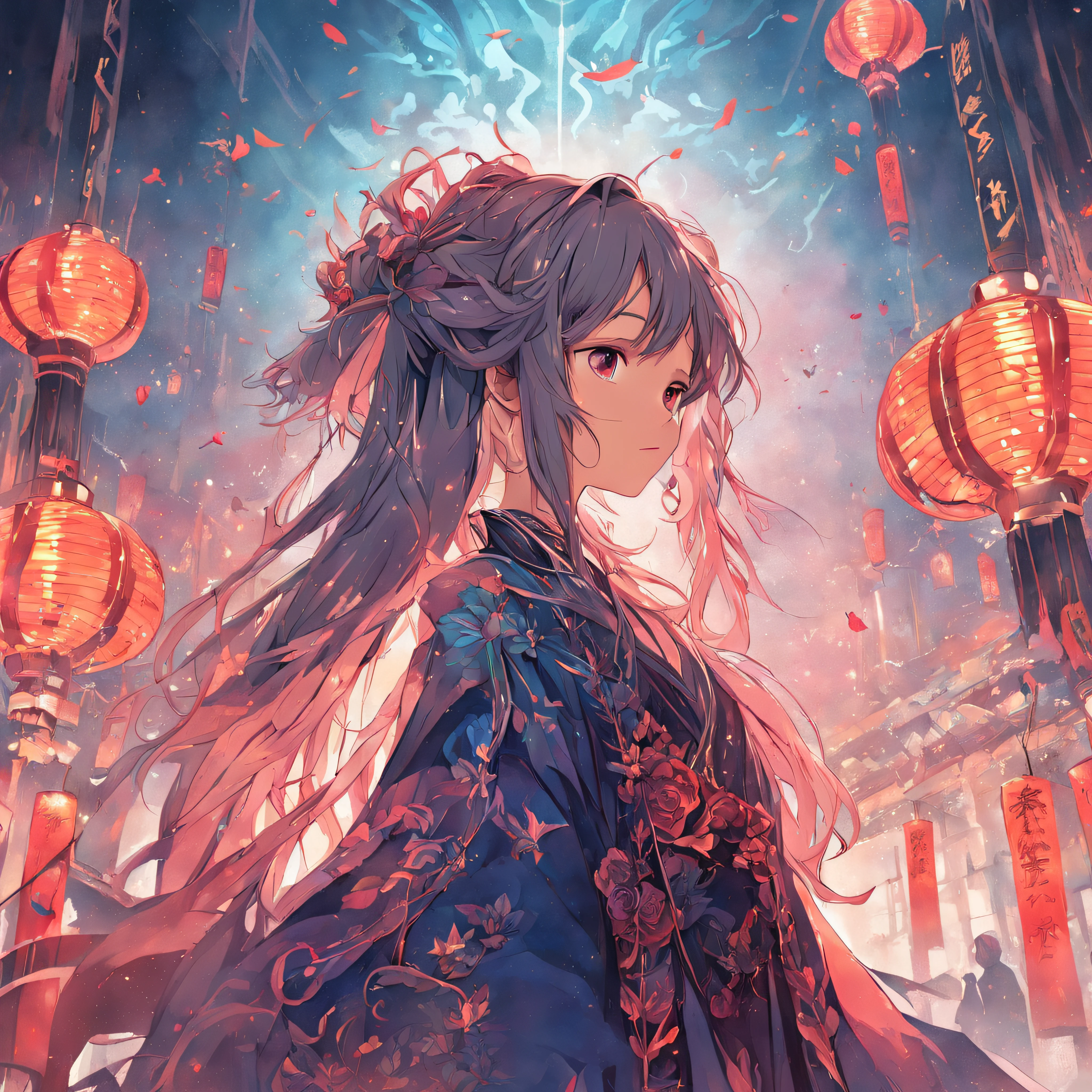 (full bodyesbian:1.5),(colorfull long hair),(Chinese illustration:1.3,paper art:1.3, Quilted paper art:1.2),( reasonable design, Clear lines, High sharpness,Best quality, Very detailed, Masterpiece, movie light effect, 4K ),One shoulder,crosses,curate,Gothic style clothes,nigth