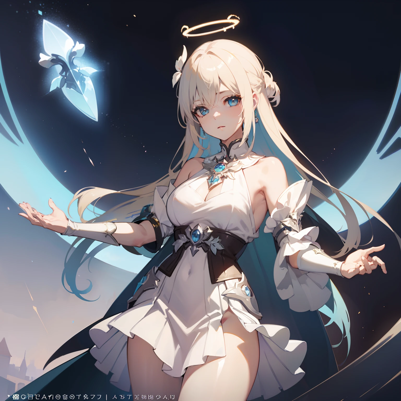 masterpiece, best quality, a woman in a white dress and a blue cape is standing, cushart krenz key art feminine, anime goddess, pixiv, pretty female cleric, digital art on pixiv, pixiv style, wlop rossdraws, alphonse mucha and rossdraws, guweiz, top rated on pixiv, rossdraws sakimimichan, crown, ((stripped by enemy))), halo, ((defeated)))