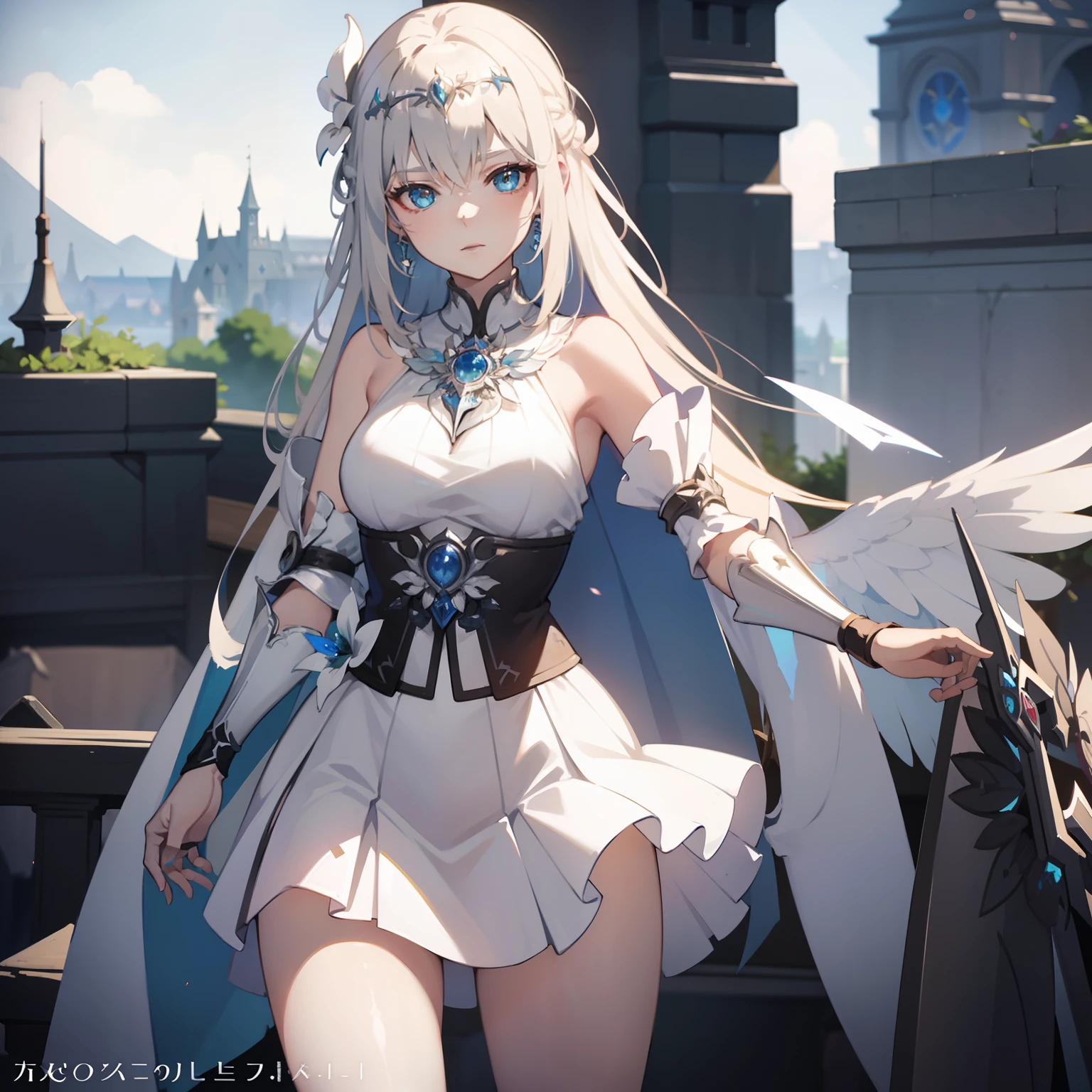 masterpiece, best quality, a woman in a white dress and a blue cape is standing, cushart krenz key art feminine, anime goddess, pixiv, pretty female cleric, digital art on pixiv, pixiv style, wlop rossdraws, alphonse mucha and rossdraws, guweiz, top rated on pixiv, rossdraws sakimimichan, crown, ((stripped by enemy))), halo, ((defeated)))