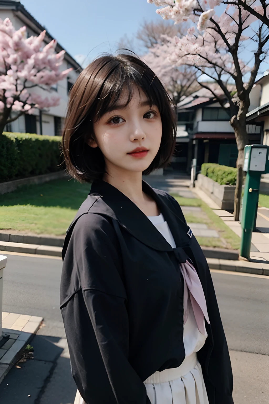 Sakura Tanaka 、19、Japan High Schrl。short-hair、Pattsun bangs、Brown hair、Lightly pigmented face。Wearing a Japan uniform、skirt by the(a sailor suit)。pure、Cute neat and clean。Wagas、cherry blossom in full bloom。