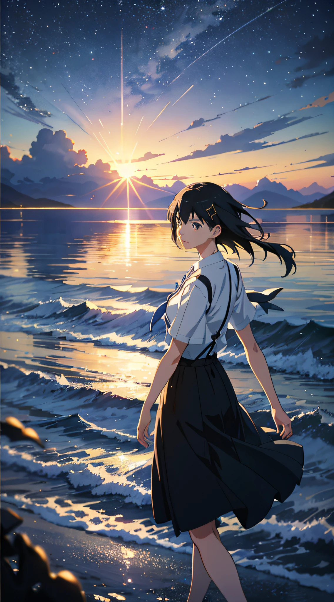 High quality masterpiece ,scenecy,Anime train passing through bodies of water on tracks, starrysky。Romantic train,pixiv,concept-art,Lofi art style,Reflectors。 by makoto shinkai, lofi art, beautiful anime scenes, Anime landscapes, Detailed scenery —width 672, in style of makoto shinkai, style of makoto shinkai,Detail enhancement。