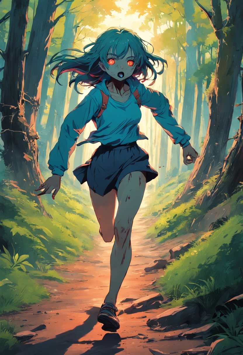 A zombie running after people in the wilderness
