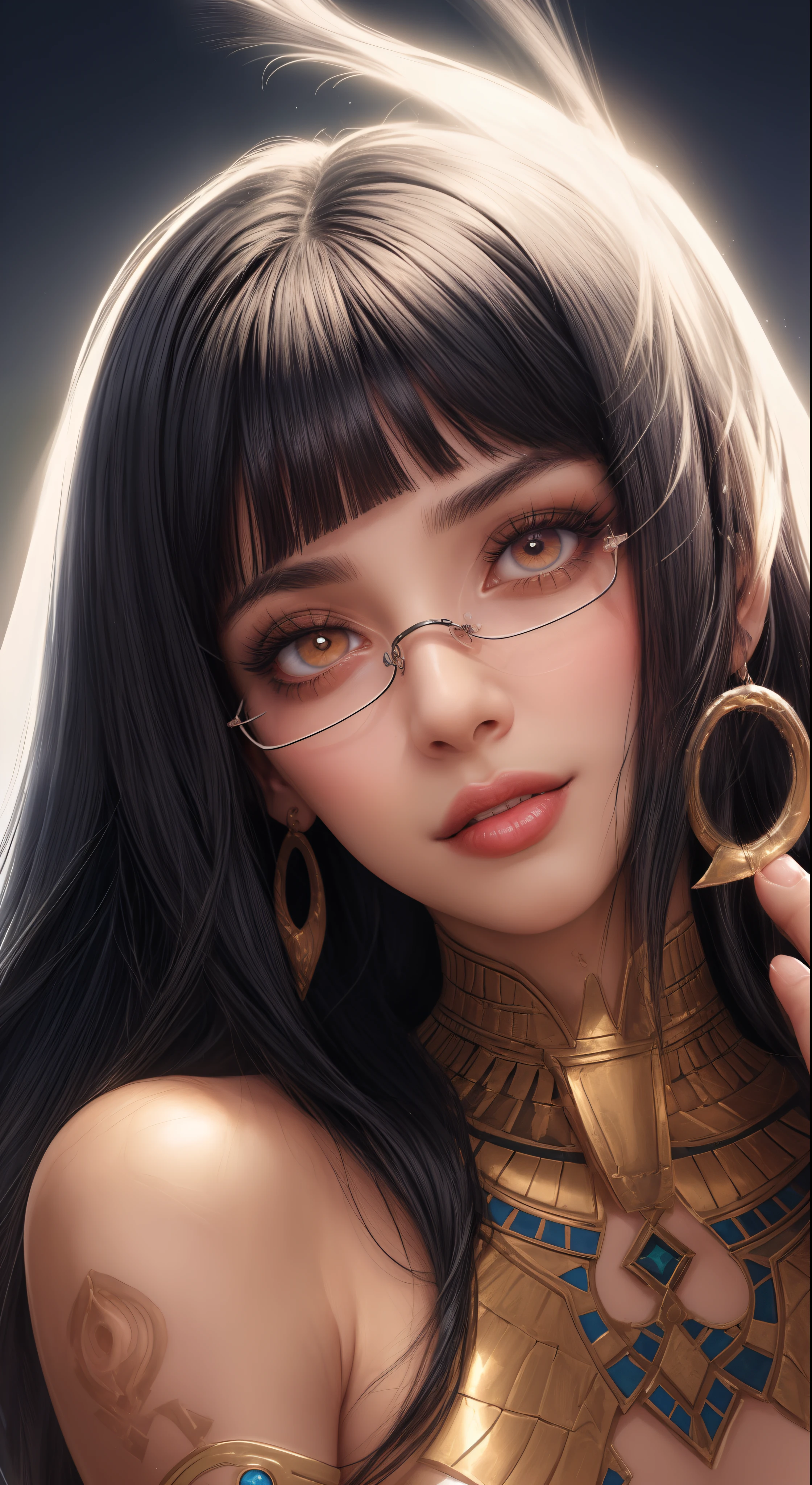 1closeup of an egyptian girl, ((cabelo curto e liso com franja)), sorrindo,com tatuagens no rosto, fleshy lips,olhos grandes,sardas no rosto ,batom vermelho, pircing,colar, brinco, glasses and makeup, Angle of the face up close, Looking at camera