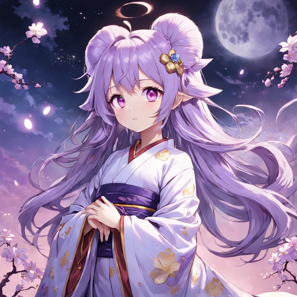 Light purple hair, kimono,natta,starrysky,Big Full Moon,Drawing,Orchid,Heart-shaped pupil, Purple eyes, Shy,, Rococo style, spark of light, hyper HD, high details，full body Esbian