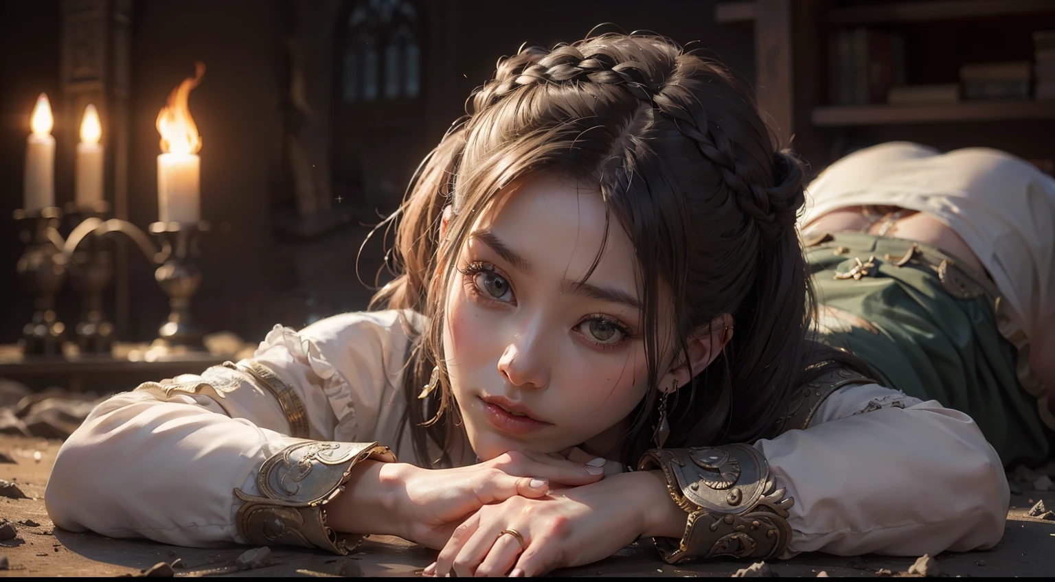 (realisitic,Photorealsitic:1.4),(1 beauty:1.3),(beautiful countenance:1.5),Detailed shiny skin,A detailed eye,Precise hands and fingers,8K HDR, , masterpiece, (Dynamic Angle Video),电影灯光, Finely drawn backgrounds,(steampunc,Decadent,scientific fiction,mud, Dust and dirt,Traces of war:1.2)Beautiful Egyptians,Homework clothing,Silvery hair,Braided hair,Old church,Say a Prayer,Composition looking down from above