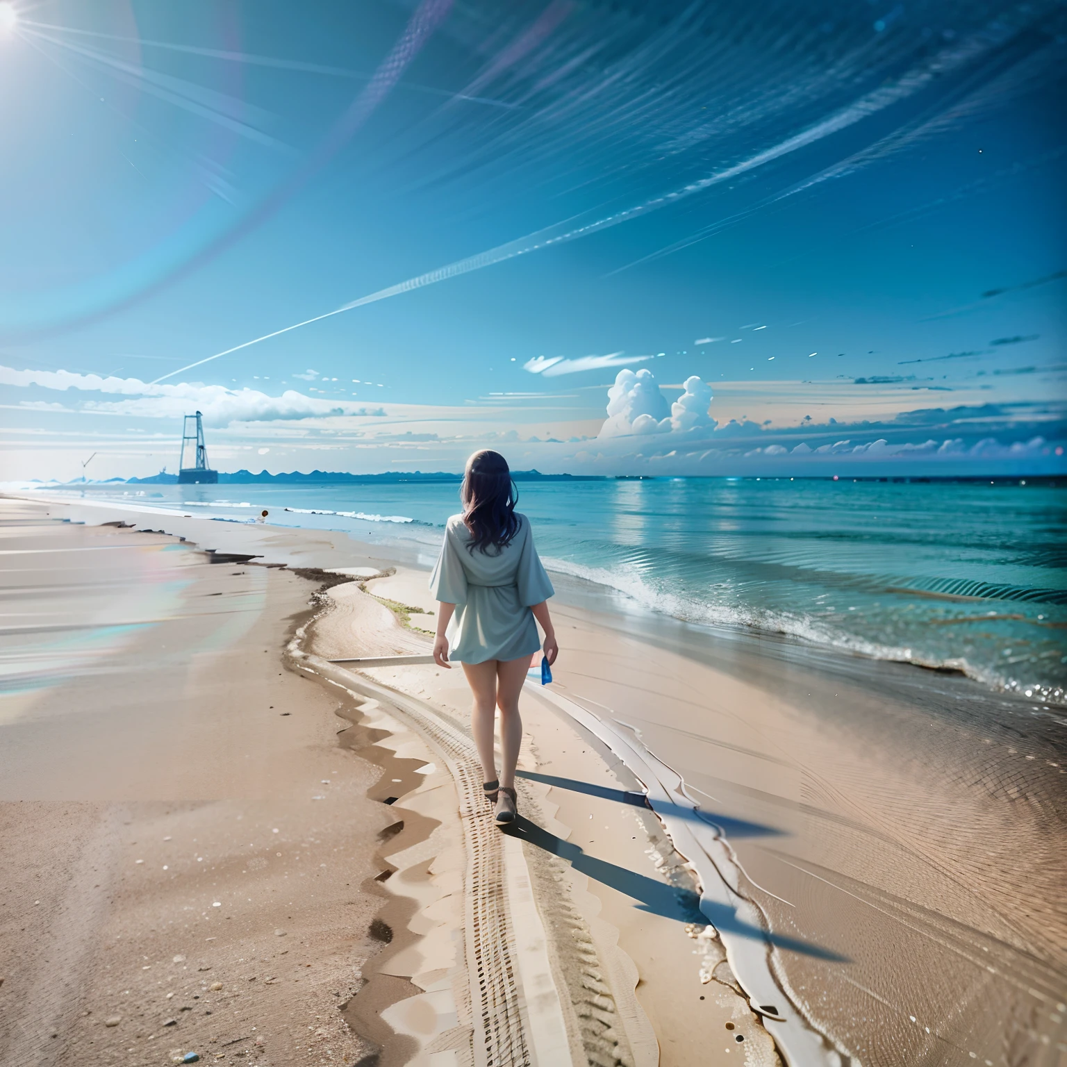 There is a woman walking on the beach with a surfboard, Walk on the beach, Walking on the beach, Walk onto the beach, beach surreal photography, author：Kurt Roesch, beautiful fine sky, Woman on the beach, best on adobe stock, um dia ensolarado, Girl walking between the dunes, Go to the right, Trail the horizon, Walk confidently