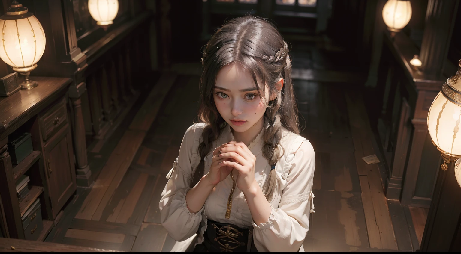 (realisitic,Photorealsitic:1.4),(1 beauty:1.3),(beautiful countenance:1.5),Detailed shiny skin,A detailed eye,Precise hands and fingers,8K HDR, , masterpiece, (Dynamic Angle Video),电影灯光, Finely drawn backgrounds,(steampunc,Decadent,scientific fiction,mud, Dust and dirt,Traces of war:1.2)Beautiful Egyptians,Homework clothing,Silvery hair,Braided hair,Old church,Say a Prayer,Composition looking down from above