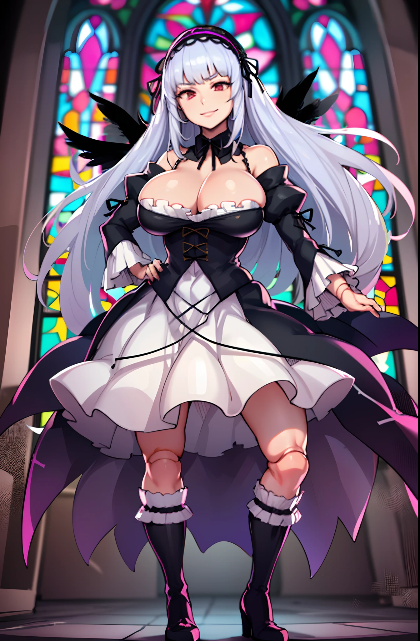 (masterpiece, best quality, detailed, highres), 1girl, solo, indoors, church, stained glass, window, sunlight, hand on hip, evil smile, from below, looking at viewer, suigintou, XXXXXX fashion, XXXXXX hairband, black dress, frills, black wings, knee boots, detached collar, cross, juliet sleeves, cross-laced dress, doll joints <lora:SuigintouV4_1-000014-, full body ,boots,hugebreast