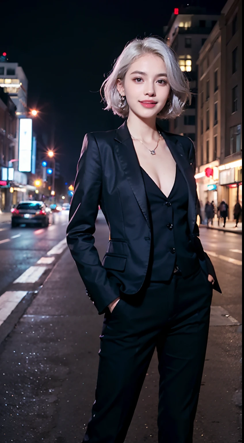 (tmasterpiece, best qualtiy:1.2), skintight jeans, One guy, Kizi, realistic white hair,Short wavy hair pale blonde, Purple eyes, Large breasts, Slender body, Light smile,  Hands in pockets, formal, Small suit, Expose cleavage, Black pantsuit,Crystal necklace, city scenery, street, Night light, during night