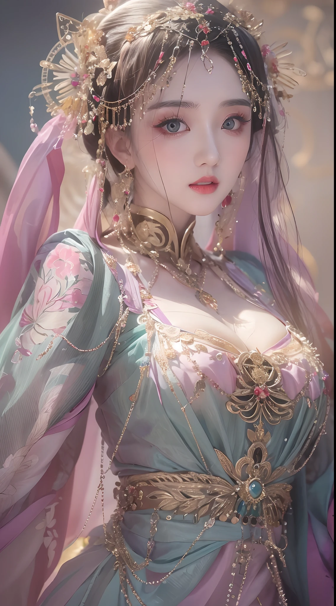 1 20 year old girl, 1 goddess Athena, pink purple silk dress, beautiful goddess Athena face without blemishes, delicate yellow nightgown, long thin sequin nightgown with many sexy black lace details, 1 beautiful thin red silk cloth half veil, female saint legend, female saint icon, beautiful goddess style glitter, dark and mysterious version, vermilion lips, plump red lips, not smiling, mouth closed, ((angry face:0.8)), delicate and beautiful pino detailing, delicate and beautiful lip detail, (pure and flawless face: 1.9), female saint body, round chest, big and round breasts, phoenix brooch, long flat bangs, long black hair, beautiful clear face and well-proportioned eyes, (transparent iridescent light purple eyes: 1.8), (big round eyes and makeup, sexy wet eye makeup, very beautiful and meticulous hair makeup, long and delicate blonde hair, delicate, body image: 1.8), figure: and vivid, (stars that make up the sky: 1.7), (the sky of heaven and the fictitious gate of time and space: 1.8), fictional art, RAW photos, hanfu photos, best photos, high resolution, best quality, best photos, best goddess quality, 8k female, super 8 single saint portraits, truest color schemes, masterpieces, best beauty brands, best hair jewelry, brand real photo, dark studio, border light, two-tone lighting, (rose white skin: 1.4), (high skin detail: 1.1), 8k uhd, d slr, soft light, 8k, high quality, candid, volume Smooth and sharp, 10x pixel increase, sexy goddess, sexy goddess, (background space: 1.8), (most beautiful aurora eyes: 1.7), beautiful eyes, aurora beautiful and flowery, (beautiful single girl: 1.8), (more details:0.8)