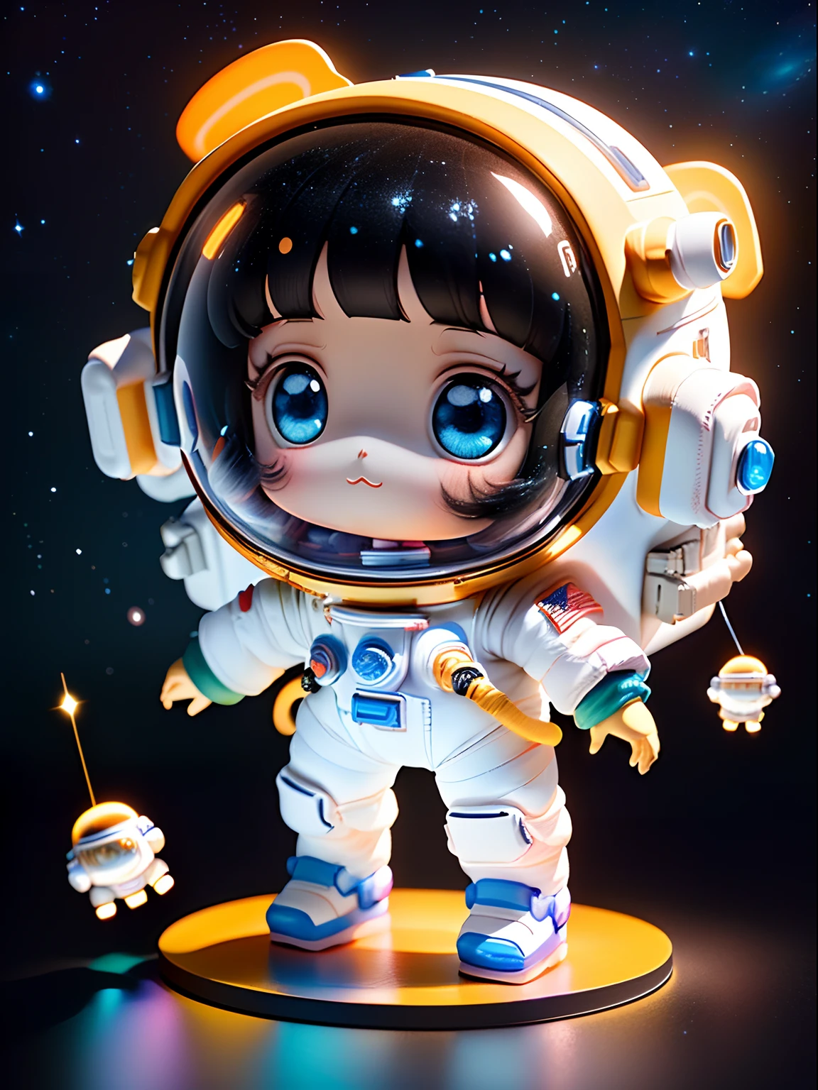 Super cute girl full body 3D drawing,1pc,good eyes looking,largeeyes,adolable,having fun,c4d,Pop Matt Blind Box,Medium long black hair,with a round face,Glowing bubbles,cropped legs,toys,solid color backdrop,tchibi,Fluorescent transmission,luminous body, kawaii,dolls,(((The astronaut,space suit))),reference sheet,Pop Mart Blind Box,Pixar,complexdetails,3Drenderingof,blender,OC renderer,fol body reference sheet,dribble,high details,8k,studio lighting,li,pee,childi , SD character:1.1,Magic space silo background