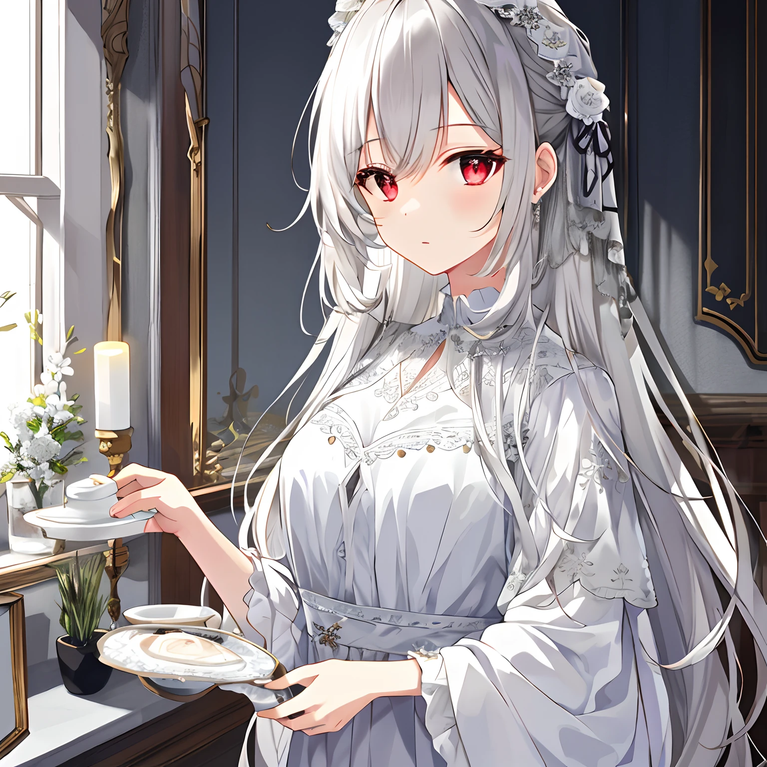 ((tmasterpiece,best qualtiy))++, detailedlight+, Detail hair+, Detail hands+ ,1girll, woman, long whitr hair, Dark red eyes, beautidful eyes, Young gray hair,,,(Beautiful white hair:1.5),(beatiful detailed eyes), A high resolution+,white pajama,white skirt,Glass tones,Reflective eyes,Very detailed wallpaper,primitive,naturey,sobu