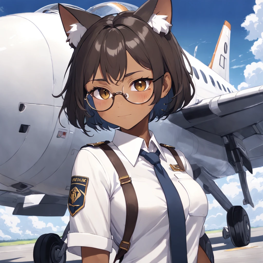 1girl, short black bob hair, yellow eyes, Round glasses, tan skin,dark skin ,BROWN SKIN, SHE HAS LIGHT BROWN SKIN, ite body, wearing plain white formal work shirt, wearing long black pants, business tie, absurdres, high res, ultrasharp, 8k, masterpiece, looking at viewer, cat ears, airline pilot uniform, airline pilot hat, white background, short sleeve, bangs, flat chest, whiskers, androgynous, she has cat ears on her head, she has cat teeth, cloudy background, holding pet black cat, smiling, large round glasses, no airplanes