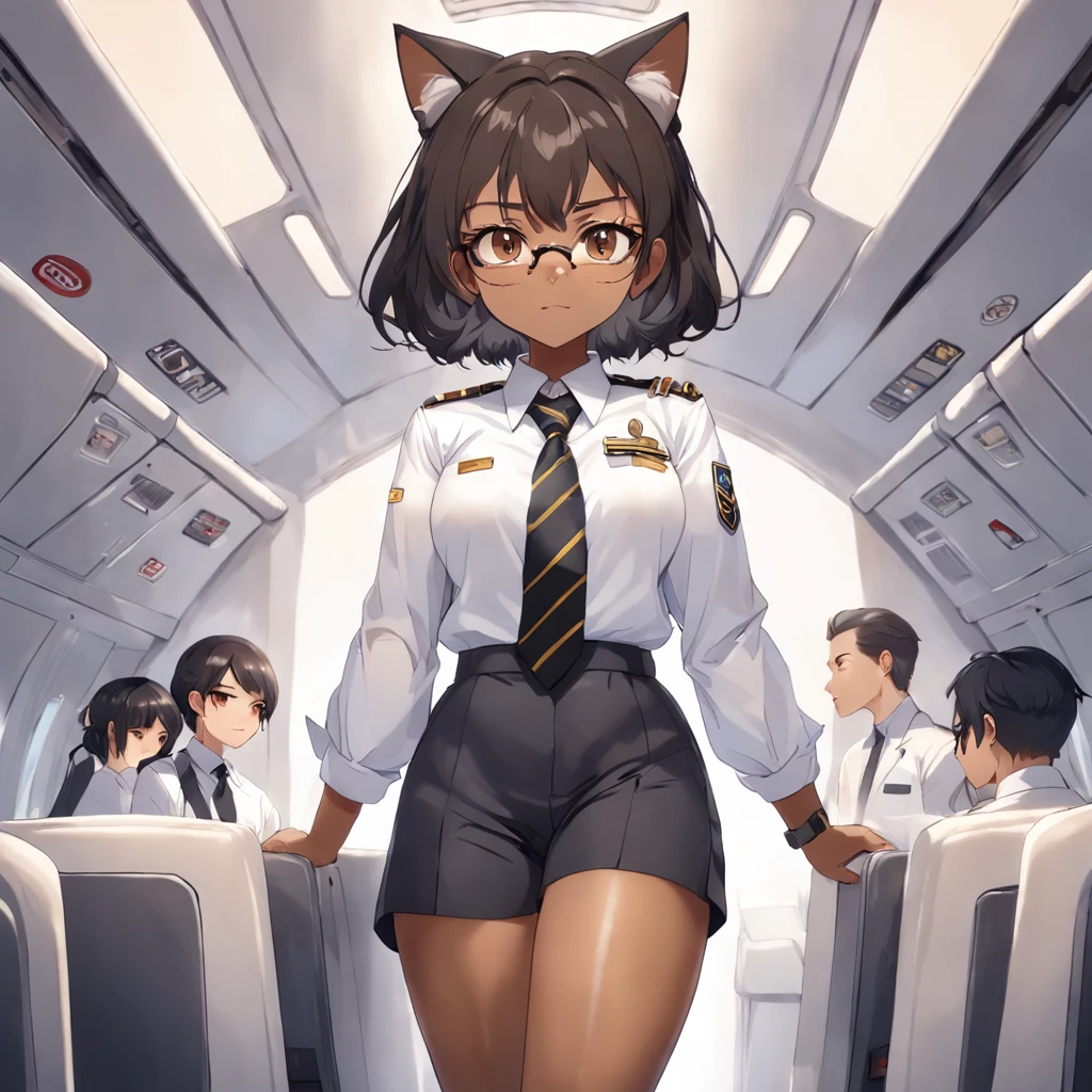 1girl, short black bob hair, yellow eyes, Round glasses, tan skin,dark skin ,BROWN SKIN, SHE HAS LIGHT BROWN SKIN, petite body, wearing plain white formal work shirt, wearing long black pants, business tie, absurdres, high res, ultrasharp, 8k, masterpiece, looking at viewer, cat ears, airline pilot uniform, airline pilot hat, white background, short sleeve, bangs, flat chest, whiskers, androgynous, she has cat ears on her head, she has cat teeth, cloudy background, holding pet black cat, smiling, large round glasses, no airplanes
