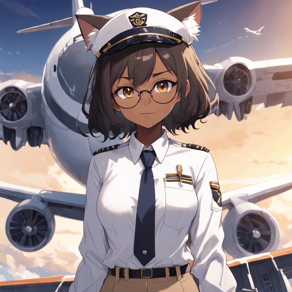 1girl, short black bob hair, yellow eyes, Round glasses, tan skin,dark skin ,BROWN SKIN, SHE HAS LIGHT BROWN SKIN, petite body, wearing plain white formal work shirt, wearing long black pants, business tie, absurdres, high res, ultrasharp, 8k, masterpiece, looking at viewer, cat ears, airline pilot uniform, airline pilot hat, white background, short sleeve, bangs, flat chest, whiskers, androgynous, she has cat ears on her head, she has cat teeth, cloudy background, holding pet black cat, smiling, large round glasses, no airplanes