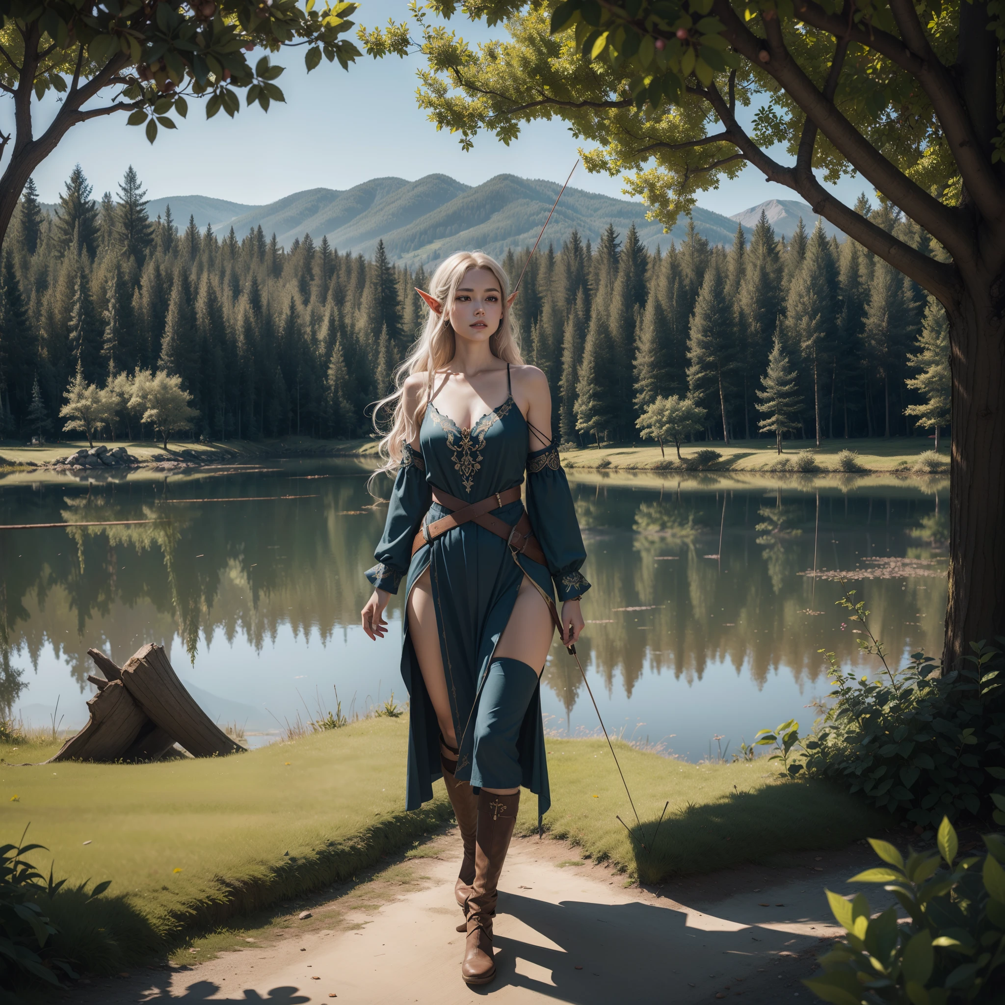 fallen wood,Elves with compound bows:1.5,Elf with a bow:1.5,arrow,flat breasts,dutch angle shot,ground-level shot,low angle,full body shot,medium shot,hunter:1.2,One unicorn:1,3, One Girl and One Fairy:1.8,Undulating lakes,deep-forest,Blowing in the wind,Has depth,(4K), (Raw photo: 1.2), (Realism: 1.4), (masutepiece: 1.3), (exquisite detailing: 1.2), Delicate and beautiful details, (Eye Detail), (Facial Detailed), (Highest Quality) :1.4), (Hyper-Resolution: 1.2),(very detailed illustration), Best Quality, depth of fields, Wide light, natural shadows