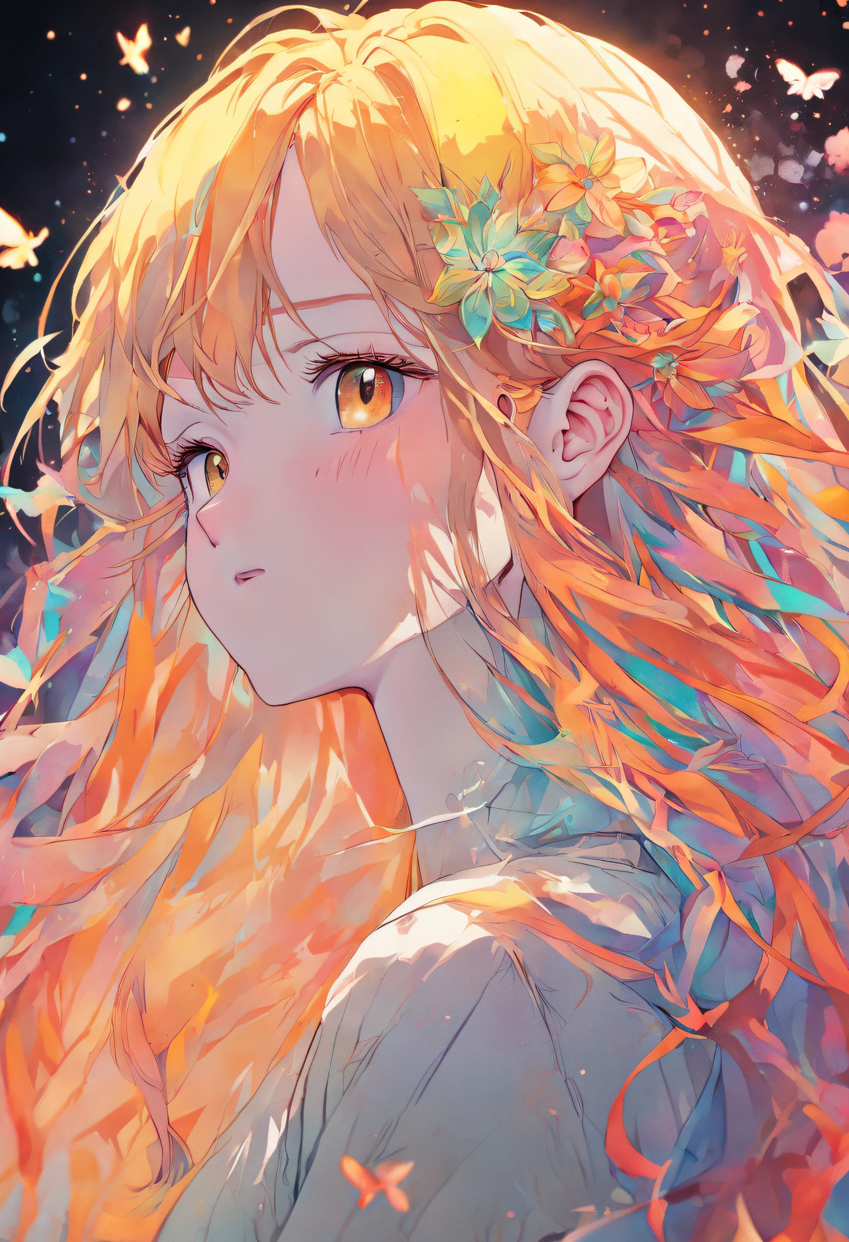 (Beauty side face,Long colored hair,close eyes,Masterpiece narcissus),rainbow colored background, (illustration:1.2,paper art:1.2, zentangle, 3D render),(Best quality, high detailed, Masterpiece, Cinematic Lighting, 4K, Chiaroscuro)