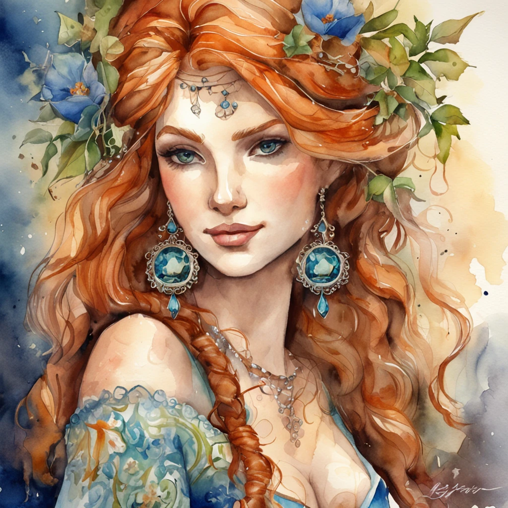 beautiful ginger women in detailed dress at cozy detailed potions shop, air above hair, IPA award wining, masterpiece, made with professional high quality camera, intense contrast, (detailed painting matrix:1.5), perfect colors, perfect setup,