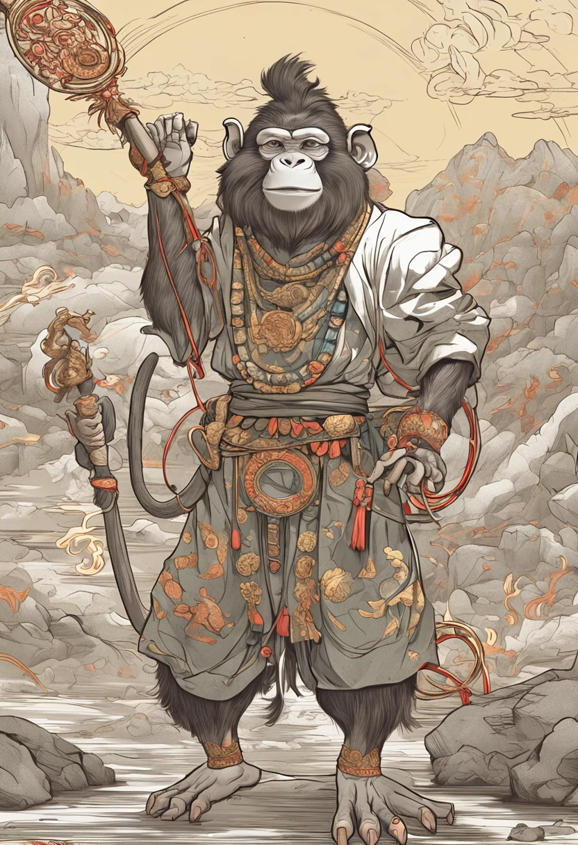 Anthropomorphic male monkey man with golden hoop stick in his hand, Sun Wukong, Wukong, fighting Buddha, normal hands, flame cloud under his feet, fire eyes golden eyes bright and brave, very beautiful anthropomorphic monkey, Guan Yu, inspired by Huang Shen, inspired by Hu Zaobin, inspired by Yang Jin, the legendary god holding a spear, by Yang J, Bian Lian, Sun Wukong, inspired by Li Kan, Cheng Wei Pan on Artstation does not want words