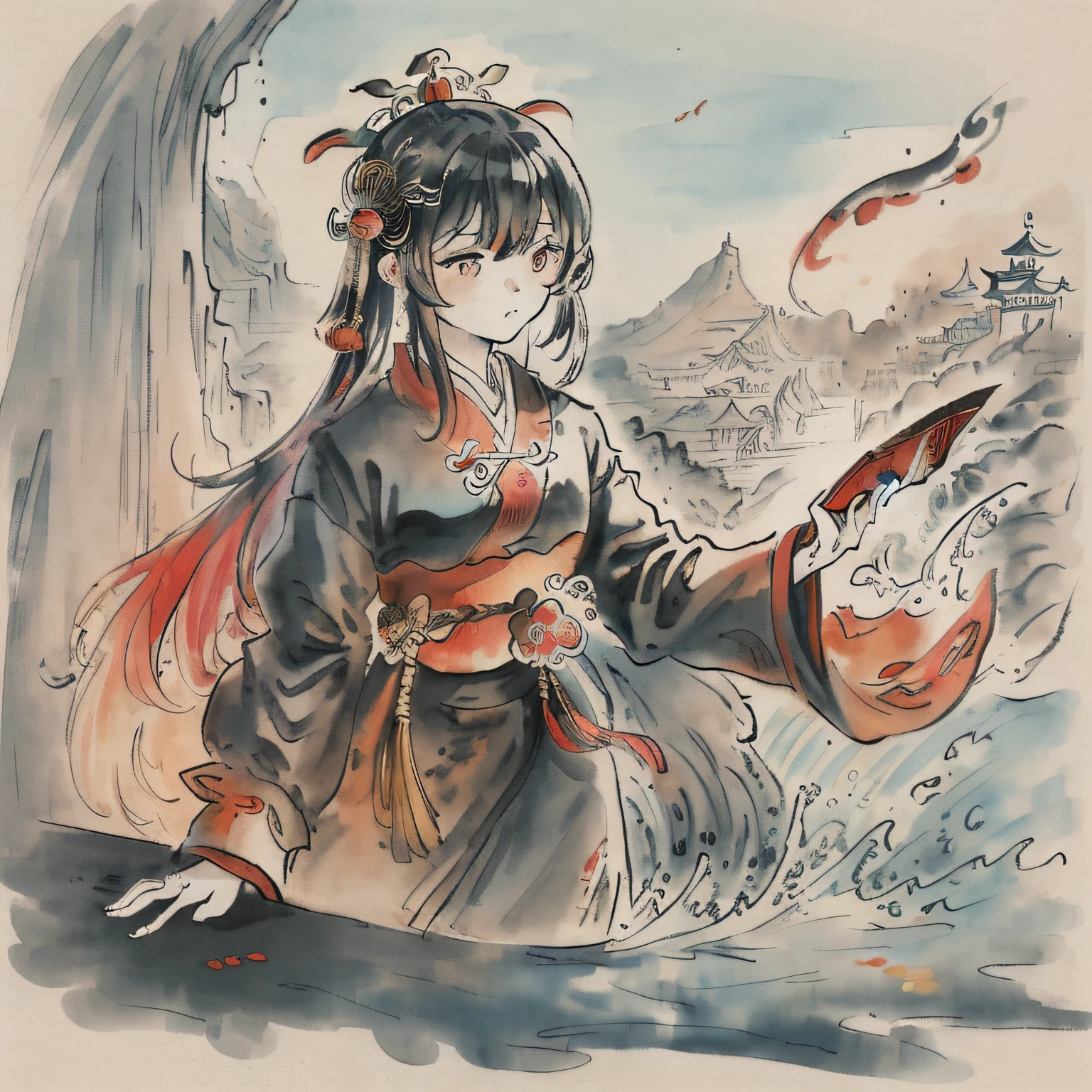 dramatic angle,(fluttered detailed ink splashs), (illustration),(((1 girl))),(long hair),(rain:0.6),(expressionless ,hair ornament:1.4),there is an ancient palace beside the girl,chinese clothes,(focus on), color Ink wash painting,(ink splashing),color splashing,((colorful)),[sketch], Masterpiece,best quality, beautifully painted,highly detailed,(denoising:0.7),[splash ink],yin yang

Cyan water：
dramatic angle,(fluttered detailed ink splashs), (illustration),(((1 girl))),(long hair),(expressionless ,hair ornament:1.4),chinese clothes,night sky,(the girl is by the waterfall),color Ink wash painting,(ink splashing),(Huaqing splashing),(colorful),[sketch], Masterpiece,best quality, beautifully painted,highly detailed,(denoising:0.7),[splash ink],yin yang,((focus on the girl)),middle finger

Carmine：
dramatic angle,(fluttered detailed ink splashs), (illustration),(((1 girl))),(long hair),(rain:0.6),((expressionless ,Carmine hair ornament:1.4)),(There is a palace far away from the girl),chinese clothes,((focus on the girl)), color Ink wash painting,(ink splashing),(Huaqing splashing),((colorful)),[sketch], Masterpiece,best quality, beautifully painted,highly detailed,(denoising:0.7),[splash ink],Yin Yang

彩：
dramatic angle,(fluttered detailed color splashs), (illustration),(((1 girl))),(long hair),(rain:0.9),(hair ornament:1.4),there is an ancient palace beside the girl,chinese clothes,(focus on), color Ink wash painting,(color splashing),colorful splashing,(((colorful))),(sketch:0.8), Masterpiece,best quality, beautifully painted,highly detailed,(denoising:0.6),[splash ink],((ink refraction)), (beautiful detailed sky),moon,highly,detaild,(masterpiece, best quality, extremely detailed CG unity 8k wallpaper,masterpiece, best quality, ultra-detailed),(Lycoris radiata)

Can join(female focus on,lens 135mm f1.8)（It is said that there is a principle of a video camera）
Middle Finger is said to reduce the state of hand breakdown，After all, it was a bit strange to have gloves in ancient China
If you are really tired of watching，You can also remove yin yang（Directly change the style（It is not recommended to remove））
generally，
Huaqing
Garcinia gamboge
Ochre ochre
Carmine
and other Chinese style elements can be recognized。
ink splashing(ink