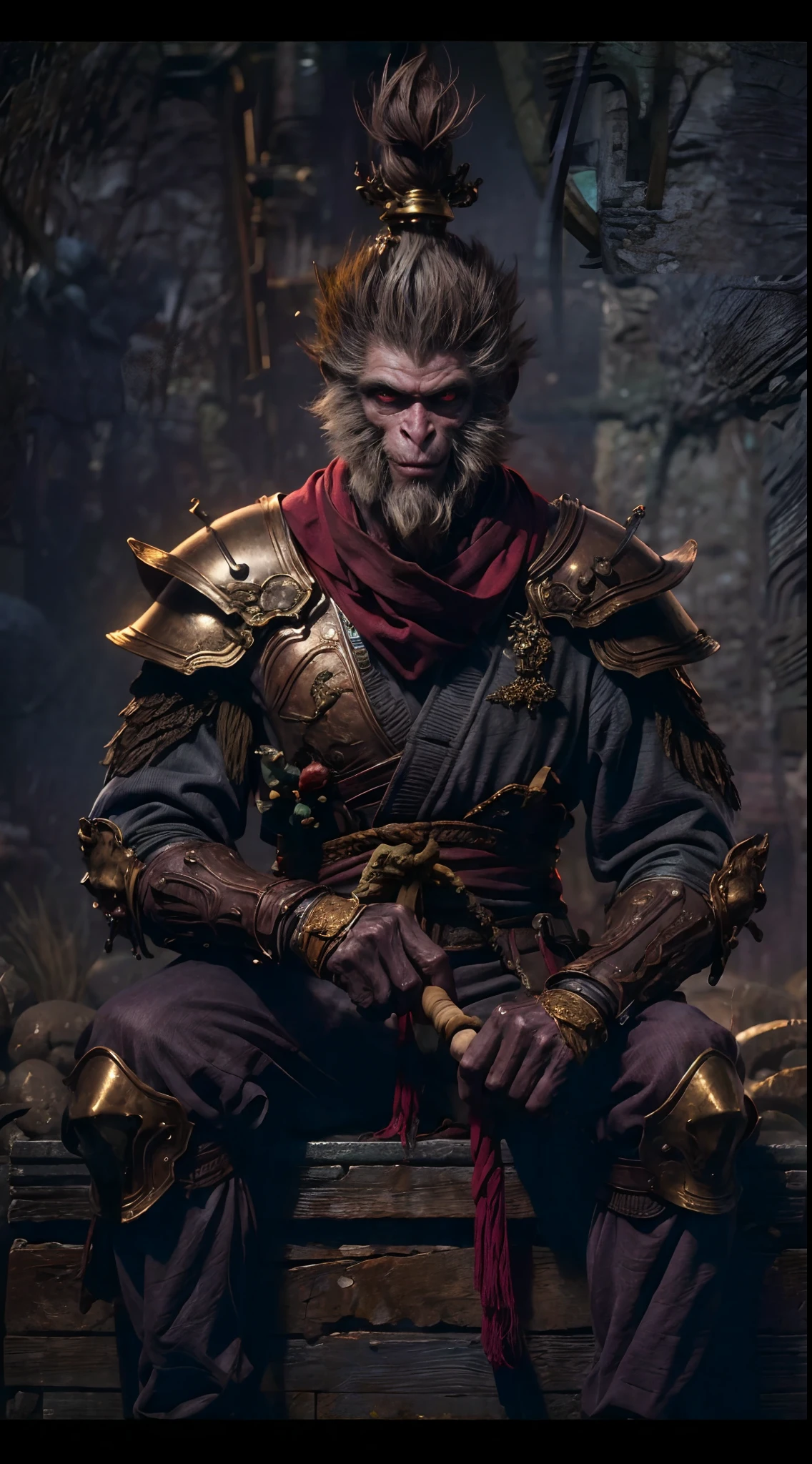 （irascible, irate，Qi Tian Great Sage，Monkey king，A high resolution, super-fine）, （Sharp-billed monkey gills）, Tour of the Dark West，pan（((Red glowing eyes))）looks into camera, evil look, Clear facial features, （Golden Hoop Curse）,On his shoulder hangs a long golden stick。, to grin, Monkey teeth exposed, Dressed in gorgeous armor, The red scarf sways in the wind，Monkey King's face, Shoulder armor youkai skeleton decoration, 火焰, Sit on Yokai Head Mountain, Kingly temperament, Full body photo, cinematic rim light, The light is delicate, tmasterpiece, ultra - detailed, Epic composition, Super HD, high qulity, HighestQuali, 32K, grin, poison fangs